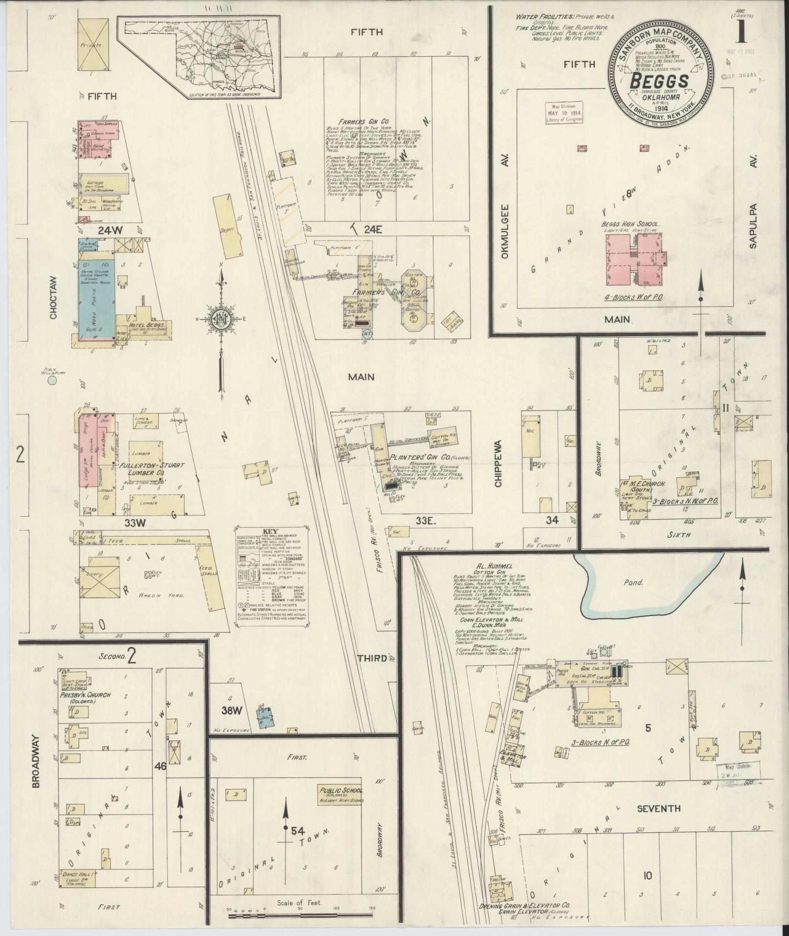 Sanborn Fire Insurance Map from Beggs, Okmulgee County, Oklahoma (1914), Sheet #0001 - Complete Map Set gallery image, historic Sanborn map, vintage wall art, Oklahoma Oklahoma