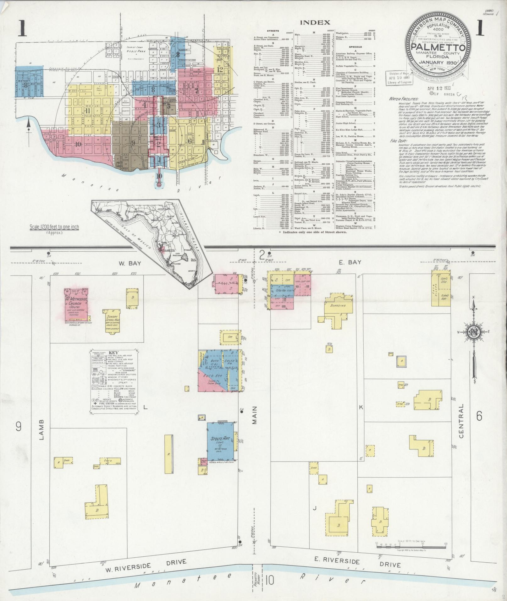 Sanborn Fire Insurance Map from Palmetto, Manatee County, Florida (1930), Sheet #0001 - Historic Sanborn Fire Insurance Map Print, vintage old map wall art, antique decor, genealogy gift, Florida Florida map