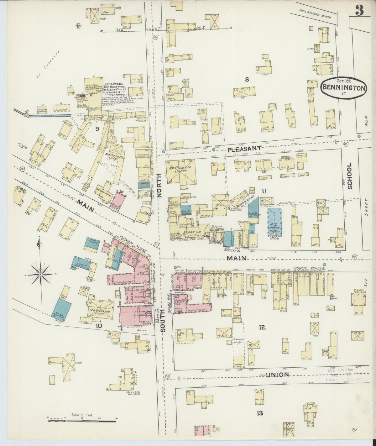 Sanborn Fire Insurance Map from Bennington, Bennington County, Vermont (1891), Sheet #0003 - Historic Sanborn Fire Insurance Map Print, vintage old map wall art, antique decor, genealogy gift, Vermont Vermont map