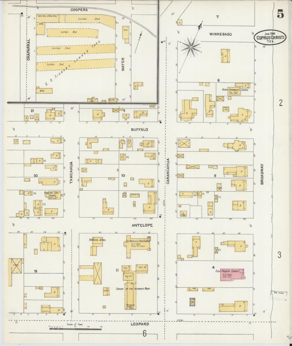 Sanborn Fire Insurance Map from Corpus Christi, Nueces County, Texas (1906), Sheet #0005 - Complete Map Set gallery image, historic Sanborn map, vintage wall art, Texas Texas