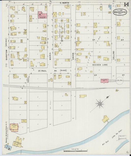 Sanborn Fire Insurance Map from Waukesha, Waukesha County, Wisconsin (1895), Sheet #0014 - Historic Sanborn Fire Insurance Map Print, vintage old map wall art, antique decor, genealogy gift, Wisconsin Wisconsin map