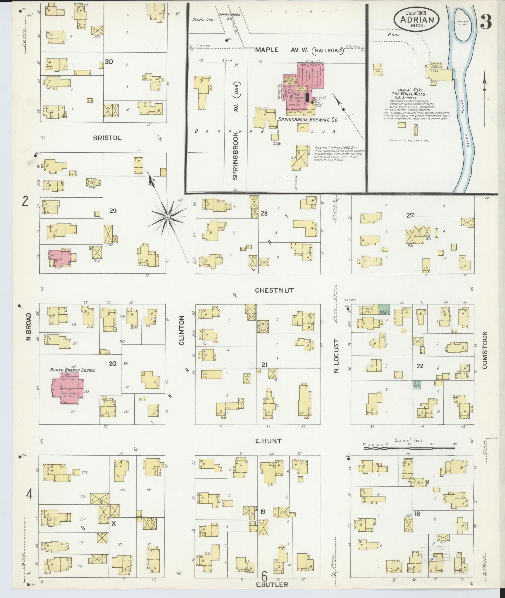 Sanborn Fire Insurance Map from Adrian, Lenawee County, Michigan (1908), Sheet #0003 - Complete Map Set gallery image, historic Sanborn map, vintage wall art, Michigan Michigan