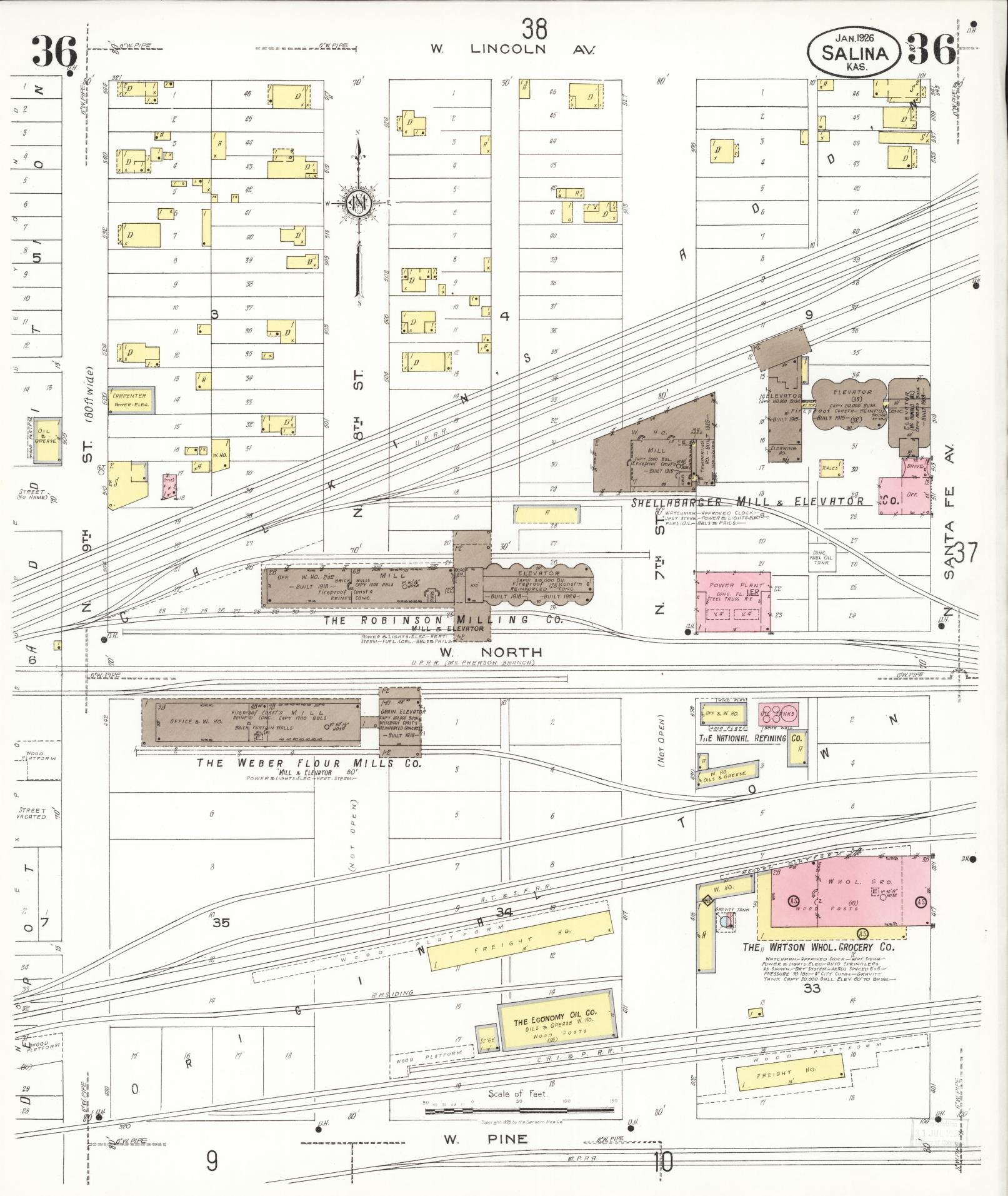 Sanborn Fire Insurance Map from Salina, Saline County, Kansas (1926), Sheet #0036 - Historic Sanborn Fire Insurance Map Print, vintage old map wall art, antique decor, genealogy gift, Kansas Kansas map