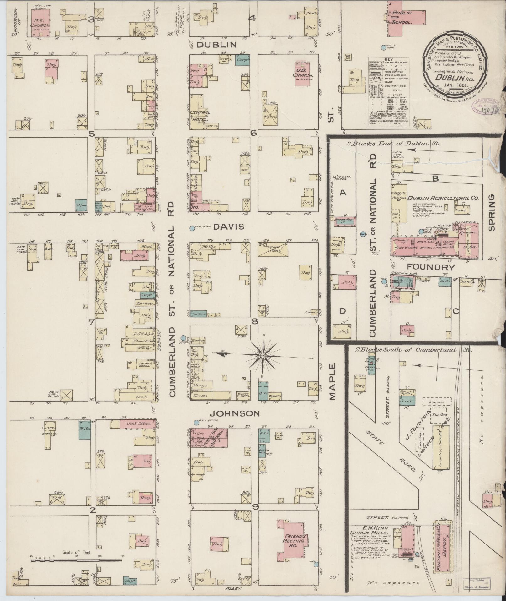 Sanborn Fire Insurance Map from Dublin, Wayne County, Indiana (1886), Sheet #0001 - Historic Sanborn Fire Insurance Map Print, vintage old map wall art, antique decor, genealogy gift, Indiana Indiana map