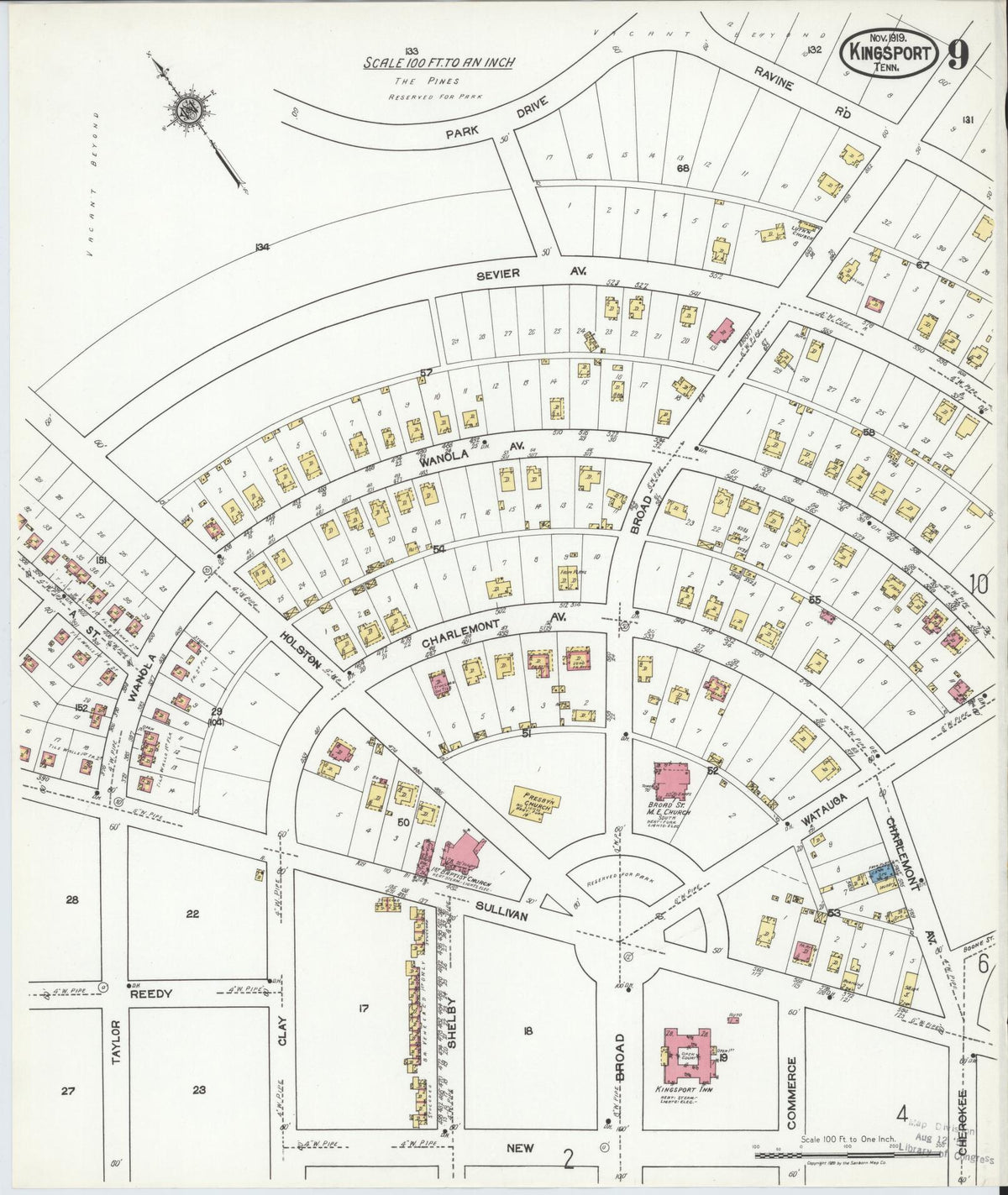 Sanborn Fire Insurance Map from Kingsport, Sullivan County, Tennessee (1919), Sheet #0009 - Historic Sanborn Fire Insurance Map Print, vintage old map wall art, antique decor, genealogy gift, Tennessee Tennessee map