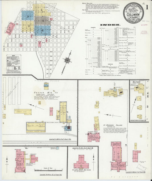 Sanborn Fire Insurance Map from Cullman, Cullman County, Alabama (1910), Sheet #0001 - Historic Sanborn Fire Insurance Map Print, vintage old map wall art, antique decor, genealogy gift, Alabama Alabama map