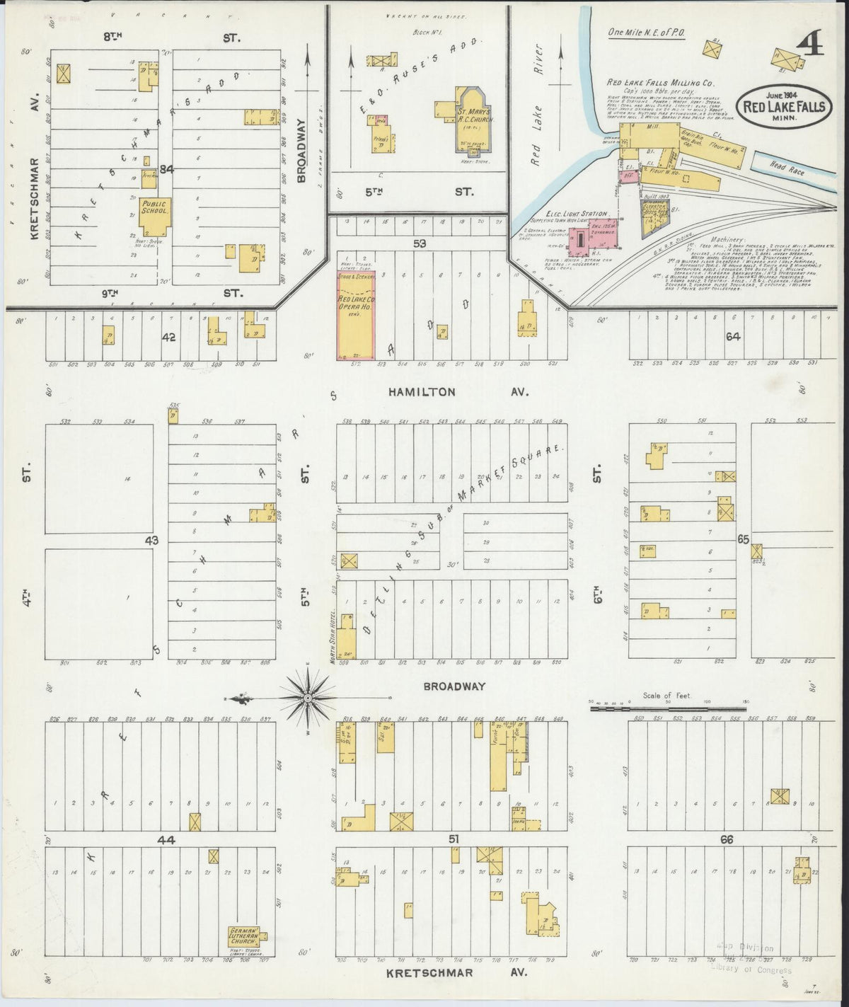 Sanborn Fire Insurance Map from Red Lake Falls, Red Lake County, Minnesota (1904), Sheet #0004 - Historic Sanborn Fire Insurance Map Print, vintage old map wall art, antique decor, genealogy gift, Minnesota Minnesota map