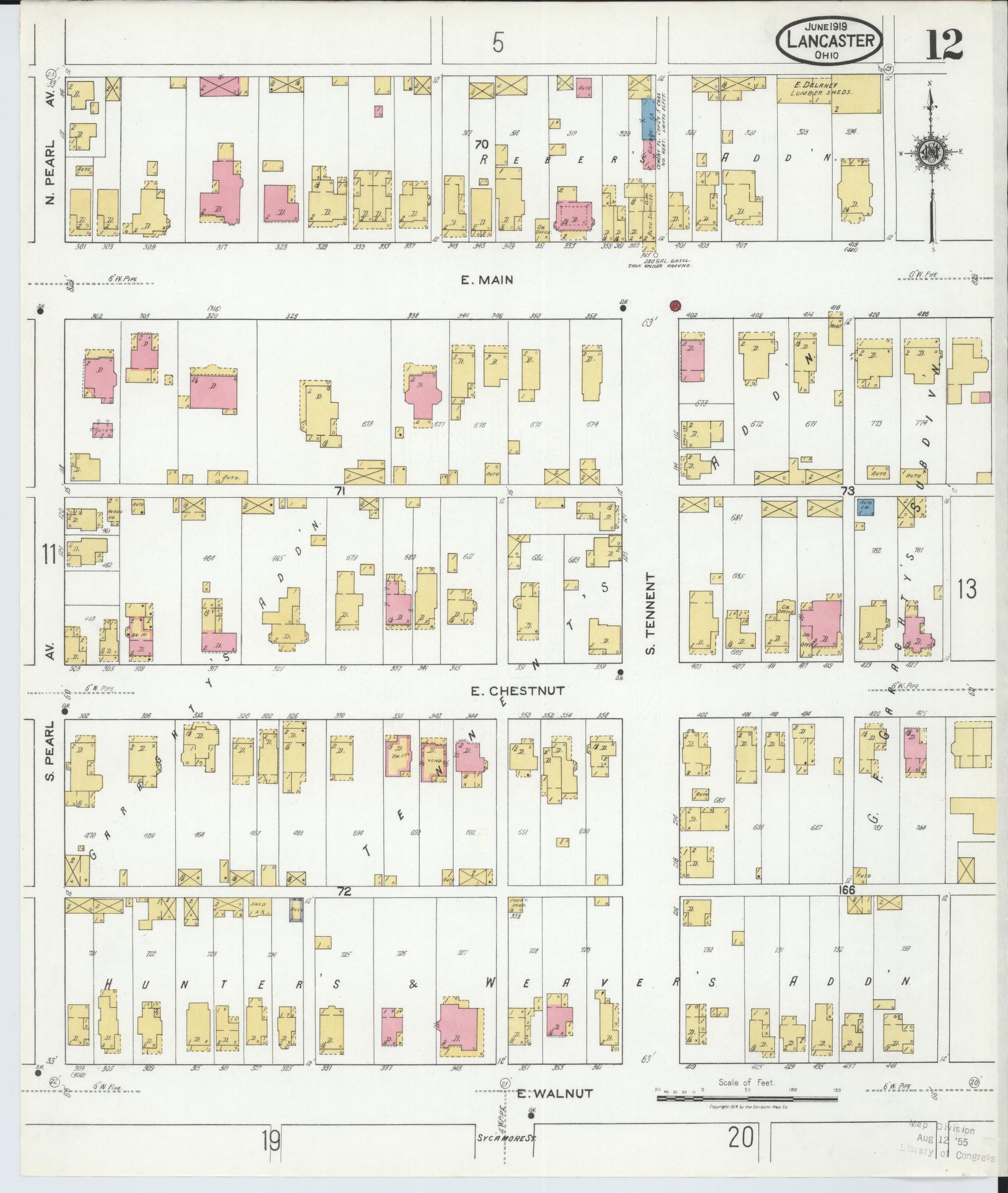 Sanborn Fire Insurance Map from Lancaster, Fairfield County, Ohio (1919), Sheet #0012 - Historic Sanborn Fire Insurance Map Print, vintage old map wall art, antique decor, genealogy gift, Ohio Ohio map
