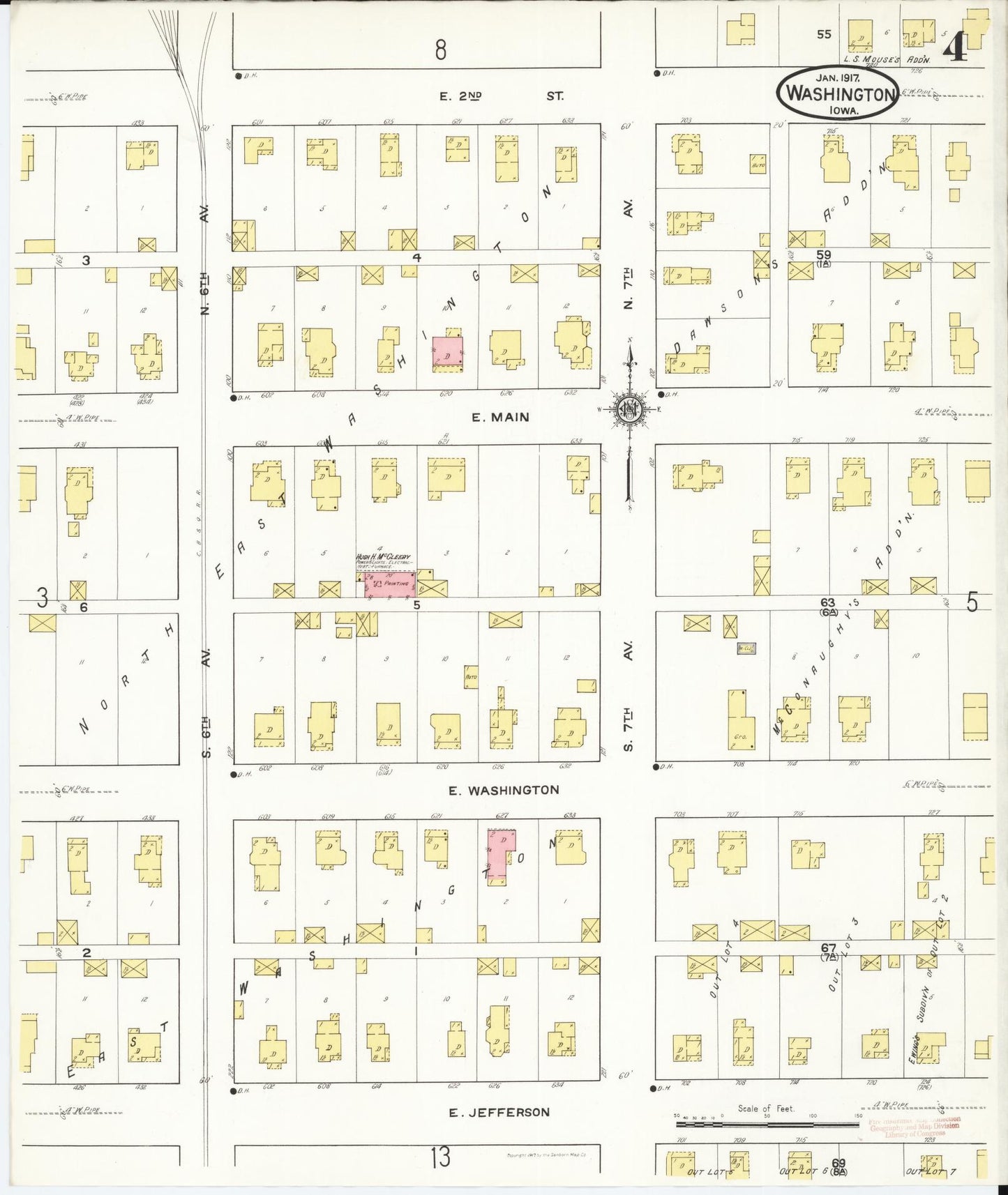 Sanborn Fire Insurance Map from Washington, Washington County, Iowa (1917), Sheet #0004 - Historic Sanborn Fire Insurance Map Print, vintage old map wall art