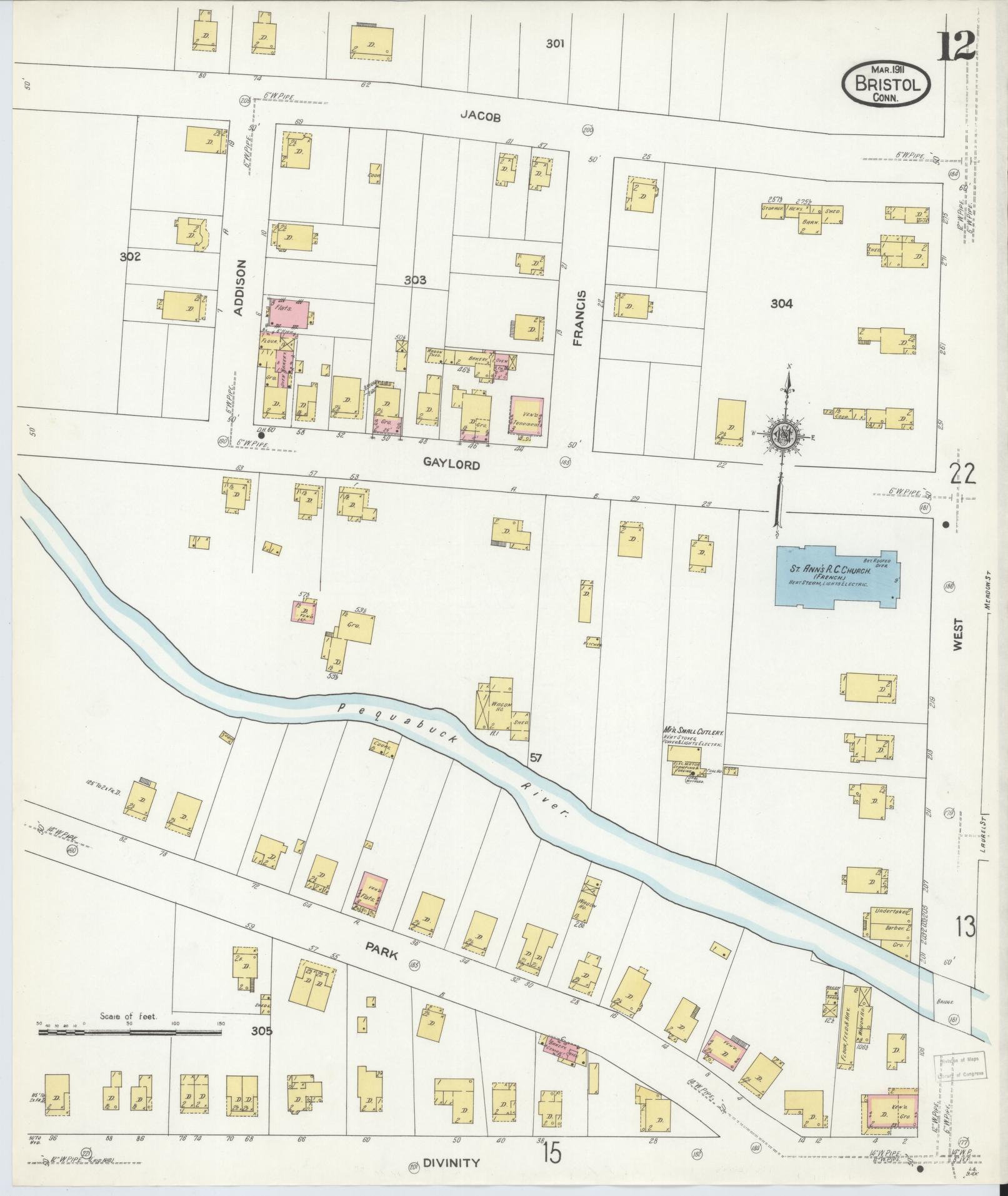 Sanborn Fire Insurance Map from Bristol, Hartford County, Connecticut (1911), Sheet #0012 - Complete Map Set gallery image, historic Sanborn map, vintage wall art, Connecticut Connecticut