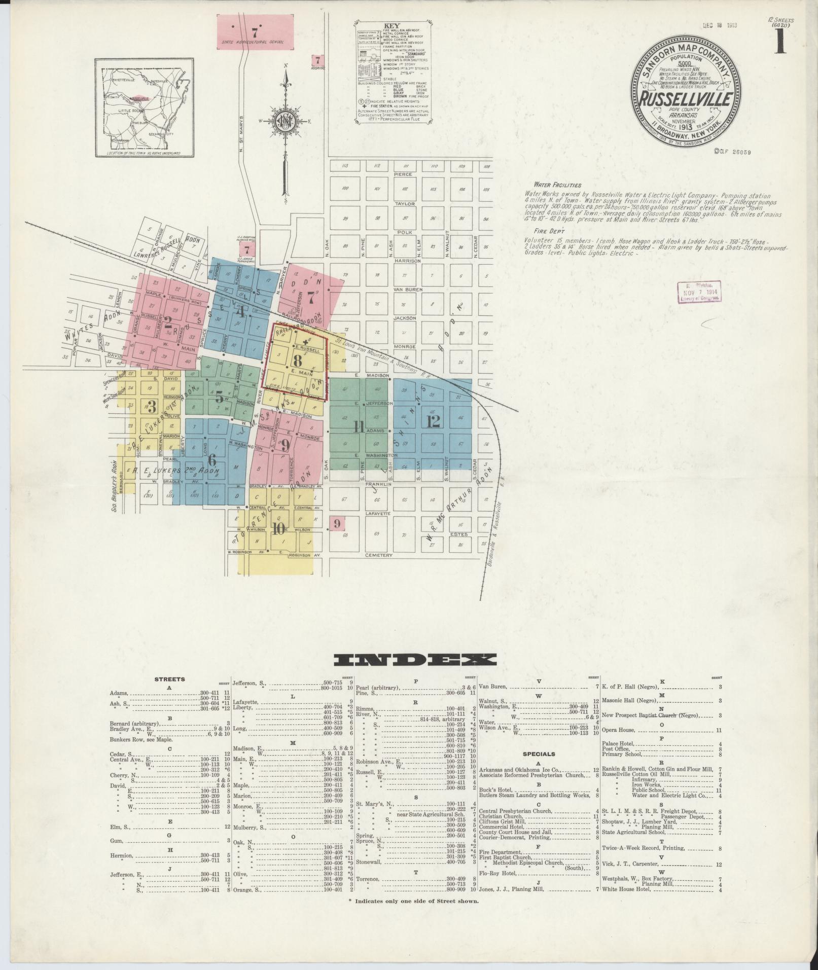Sanborn Fire Insurance Map from Russellville, Pope County, Arkansas (1913), Sheet #0001 - Complete Map Set gallery image, historic Sanborn map, vintage wall art, Arkansas Arkansas