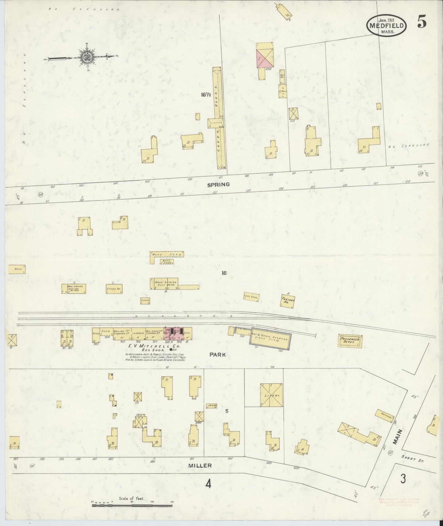 Sanborn Fire Insurance Map from Medfield, Norfolk County, Massachusetts (1911), Sheet #0005 - Historic Sanborn Fire Insurance Map Print, vintage old map wall art, antique decor, genealogy gift, Massachusetts Massachusetts map
