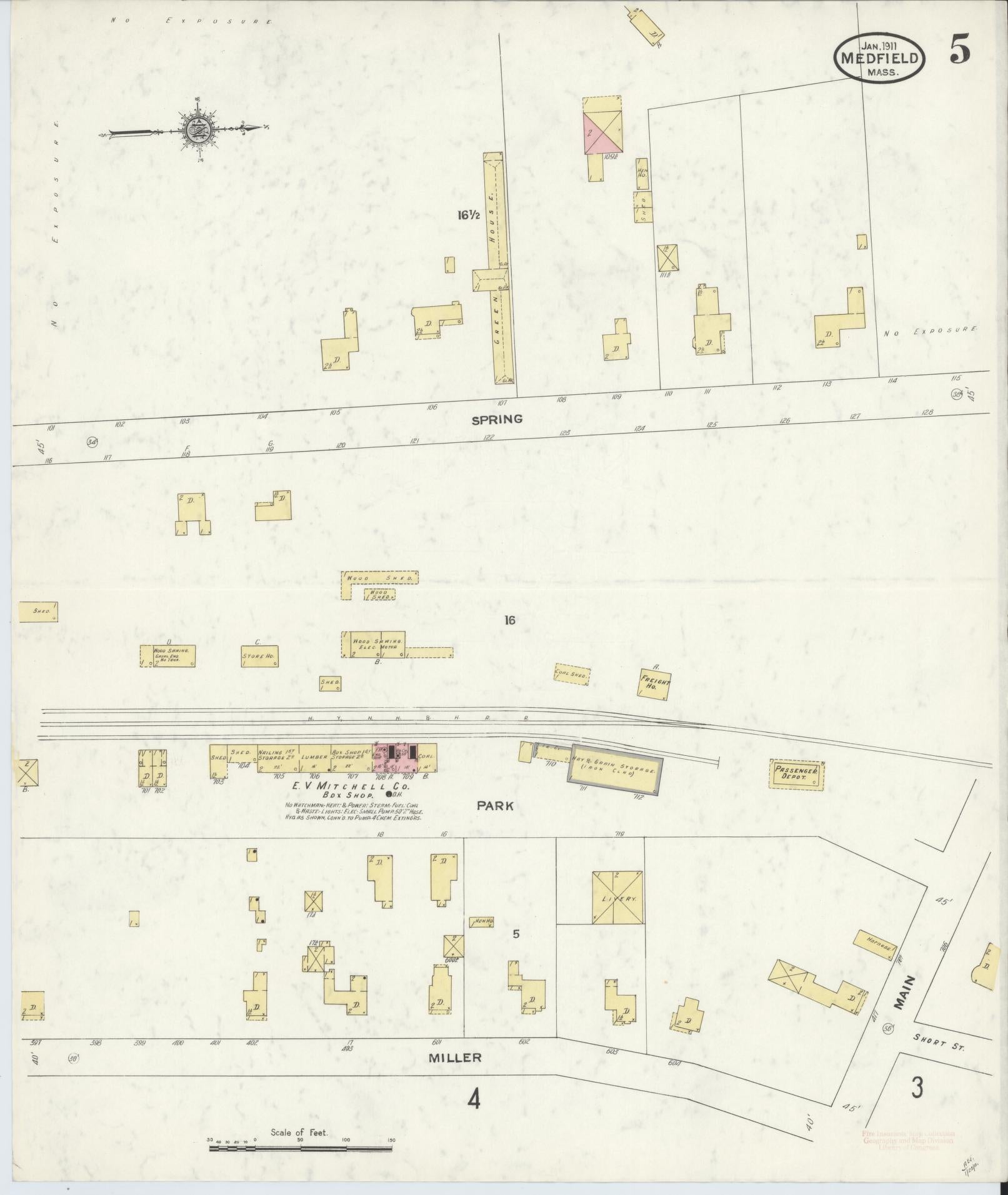 Sanborn Fire Insurance Map from Medfield, Norfolk County, Massachusetts (1911), Sheet #0005 - Historic Sanborn Fire Insurance Map Print, vintage old map wall art, antique decor, genealogy gift, Massachusetts Massachusetts map