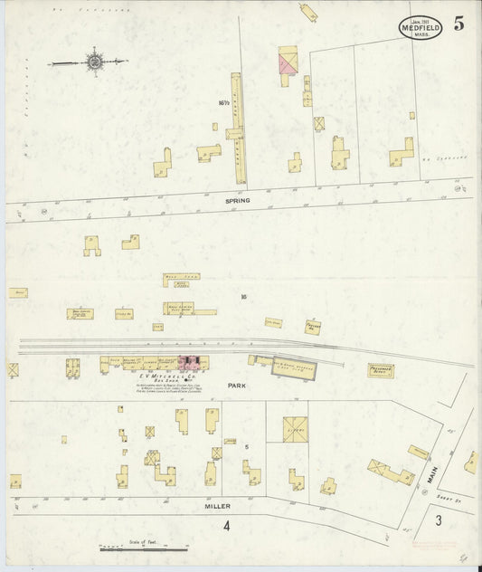 Sanborn Fire Insurance Map from Medfield, Norfolk County, Massachusetts (1911), Sheet #0005 - Historic Sanborn Fire Insurance Map Print, vintage old map wall art, antique decor, genealogy gift, Massachusetts Massachusetts map