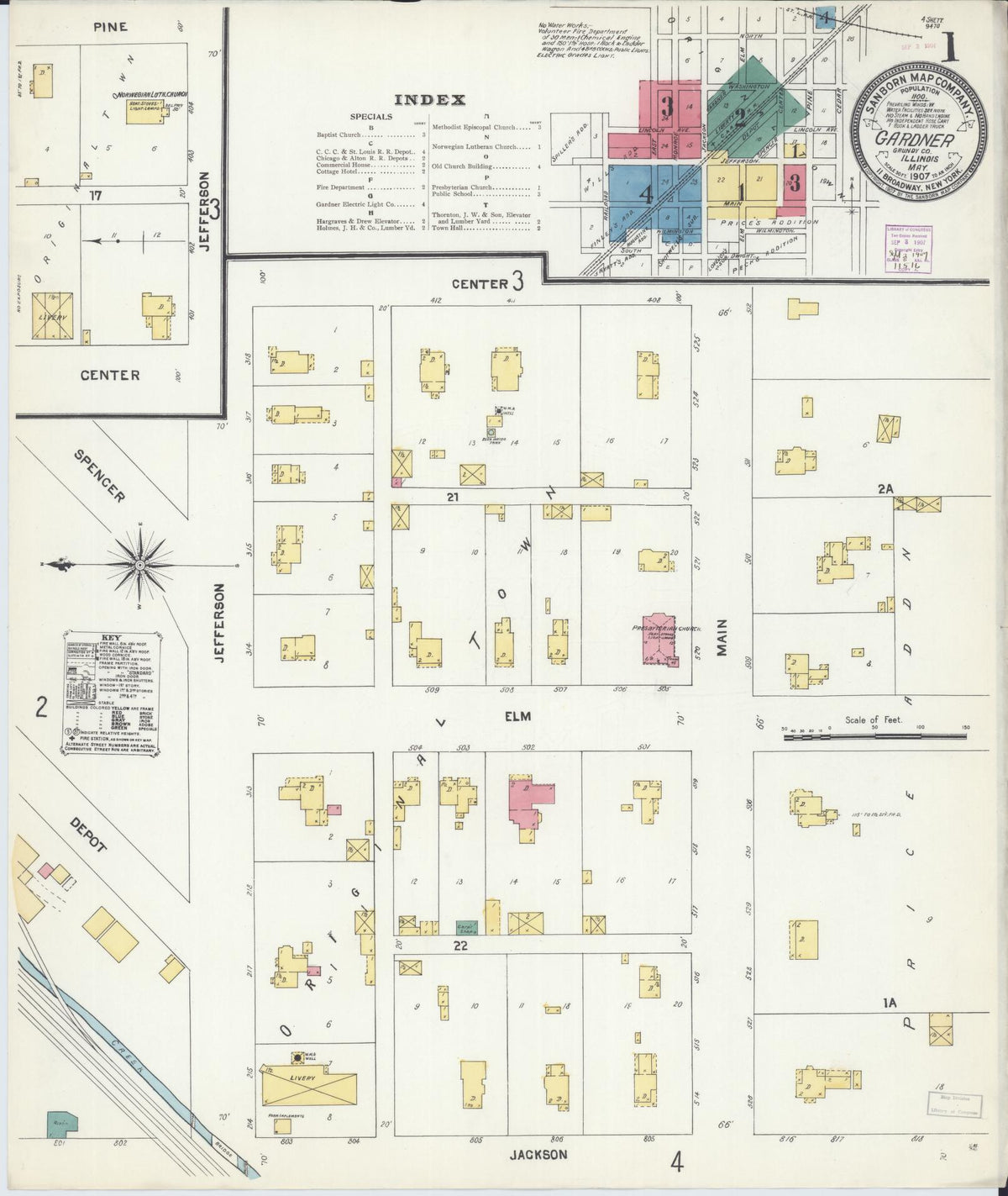 Sanborn Fire Insurance Map from Gardner, Grundy County, Illinois (1907), Sheet #0001 - Complete Map Set gallery image, historic Sanborn map, vintage wall art, Illinois Illinois