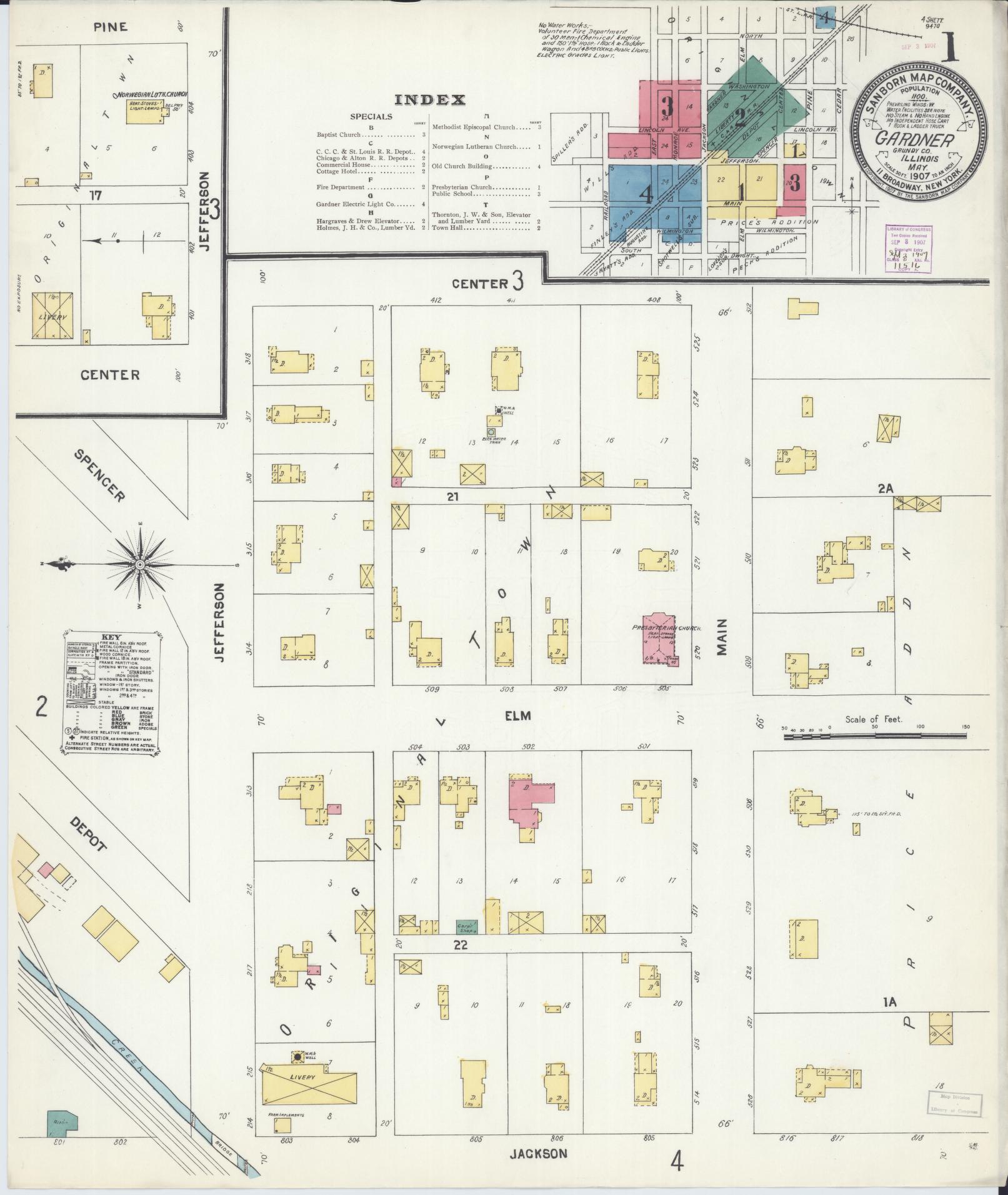 Sanborn Fire Insurance Map from Gardner, Grundy County, Illinois (1907), Sheet #0001 - Complete Map Set gallery image, historic Sanborn map, vintage wall art, Illinois Illinois