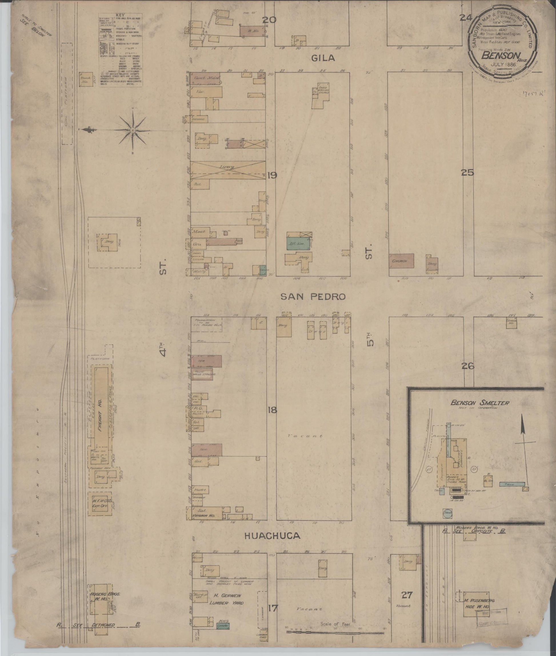 Sanborn Fire Insurance Map from Benson, Cochise County, Arizona (1886), Sheet #0001 - Historic Sanborn Fire Insurance Map Print, vintage old map wall art, antique decor, genealogy gift, Arizona Arizona map