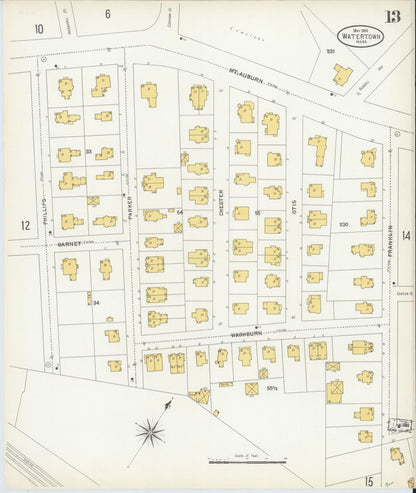 Sanborn Fire Insurance Map from Watertown, Middlesex County, Massachusetts (1904), Sheet #0013 - Historic Sanborn Fire Insurance Map Print, vintage old map wall art, antique decor, genealogy gift, Massachusetts Massachusetts map