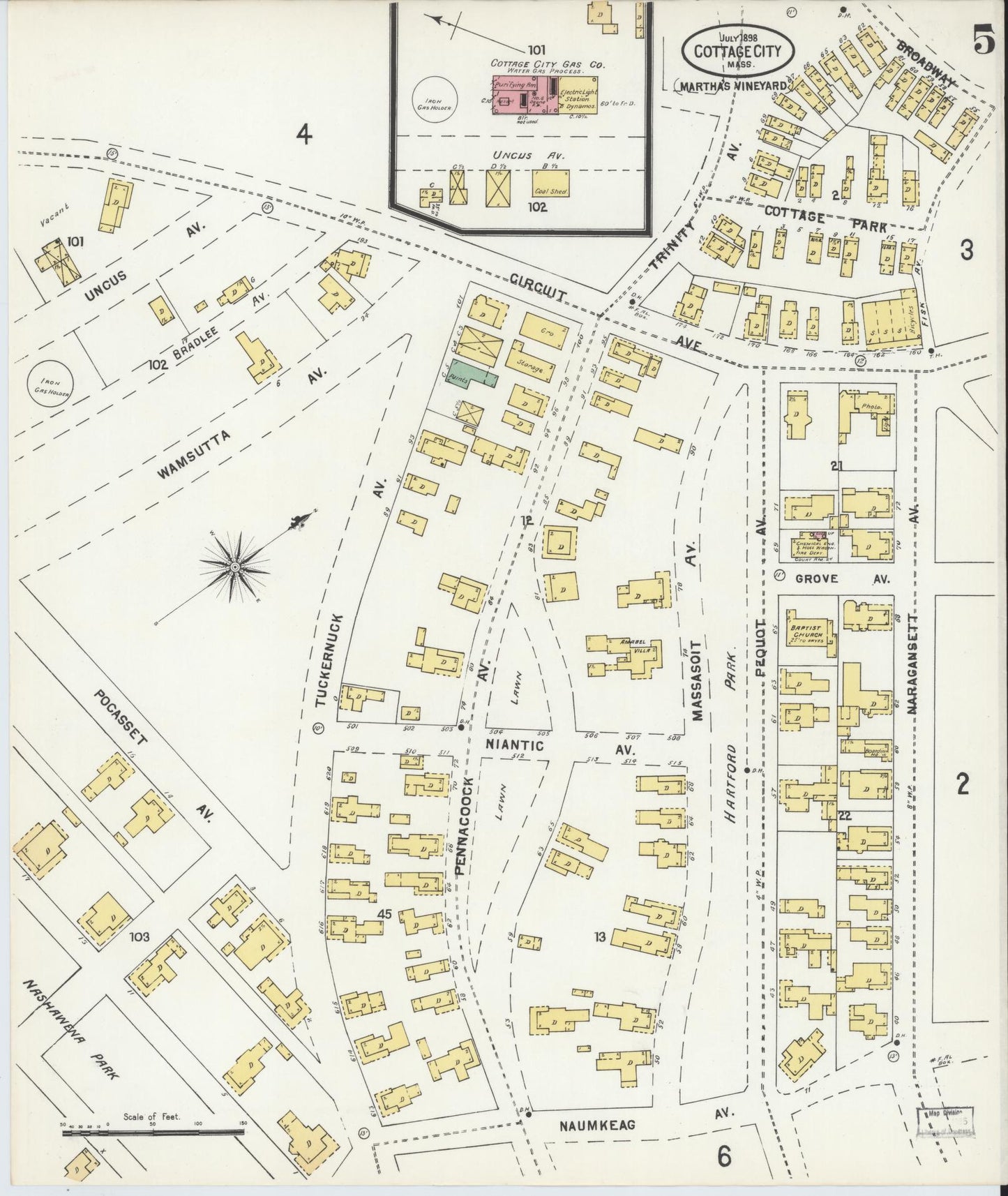 Sanborn Fire Insurance Map from Cottage City, Dukes County, Massachusetts (1898), Sheet #0005 - Historic Sanborn Fire Insurance Map Print, vintage old map wall art, antique decor, genealogy gift, Massachusetts Massachusetts map