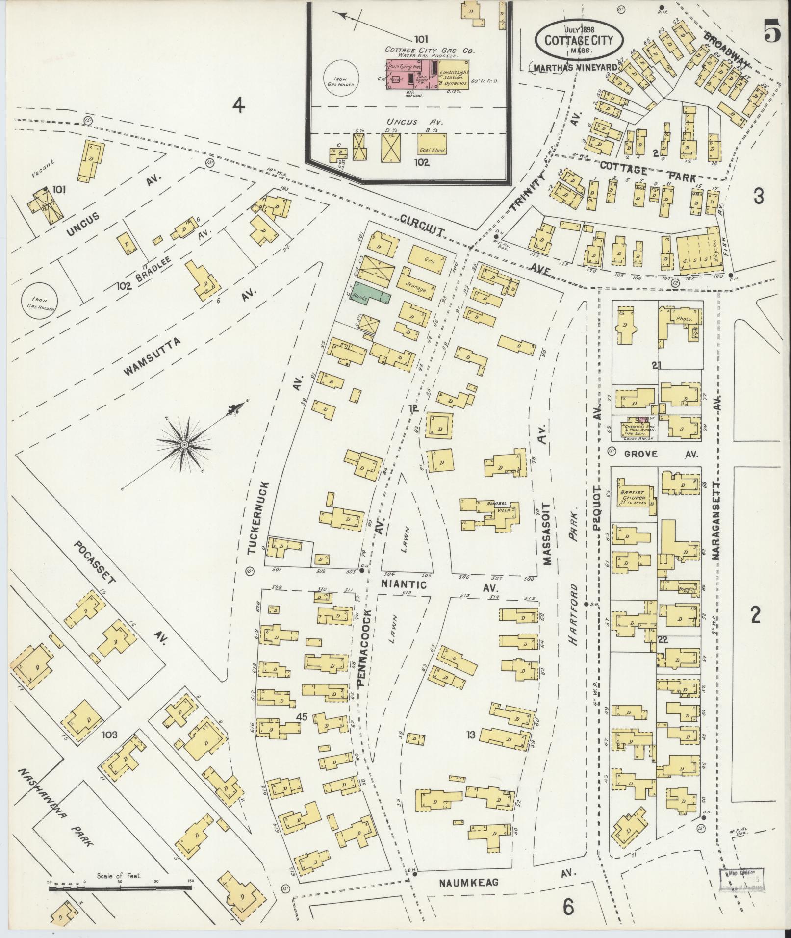 Sanborn Fire Insurance Map from Cottage City, Dukes County, Massachusetts (1898), Sheet #0005 - Historic Sanborn Fire Insurance Map Print, vintage old map wall art, antique decor, genealogy gift, Massachusetts Massachusetts map