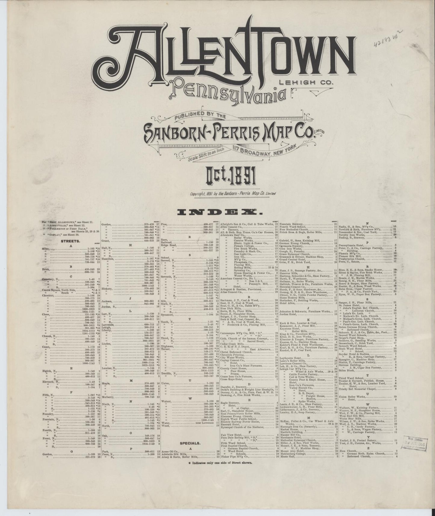 Sanborn Fire Insurance Map from Allentown, Lehigh County, Pennsylvania. (1891) – Historic Sanborn Fire Insurance Map Print