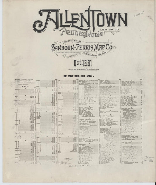 Sanborn Fire Insurance Map from Allentown, Lehigh County, Pennsylvania. (1891) – Historic Sanborn Fire Insurance Map Print