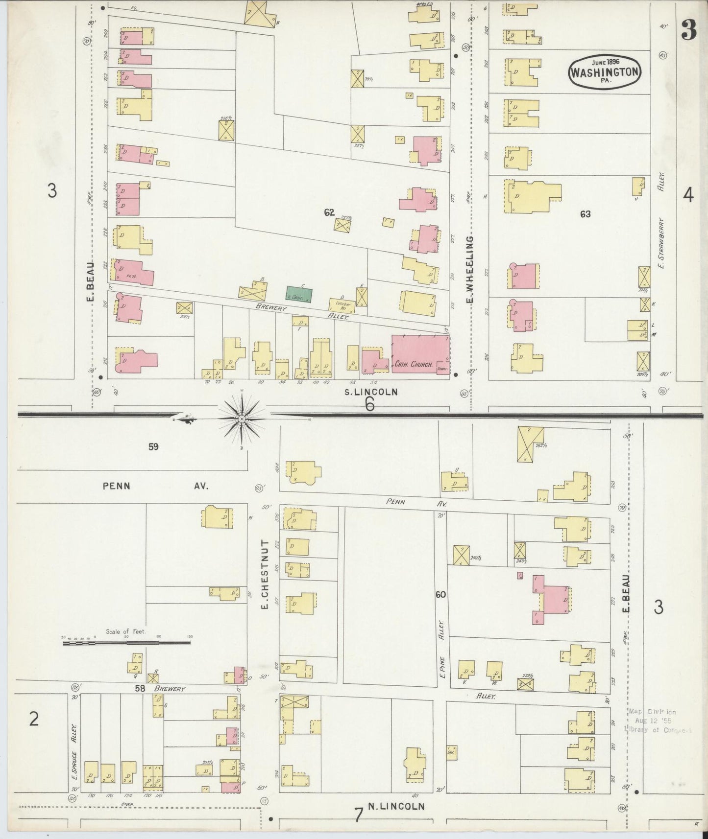 Sanborn Fire Insurance Map from Washington, Washington County, Pennsylvania (1896), Sheet #0003 - Historic Sanborn Fire Insurance Map Print, vintage old map wall art, antique decor, genealogy gift, Sanborn Fire Insurance Map from Washington Washington map