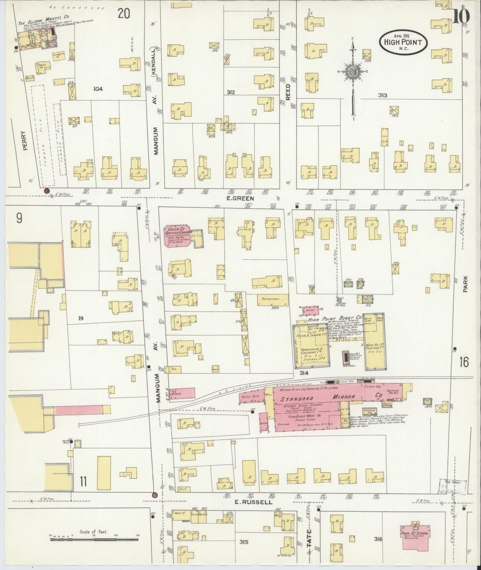 Sanborn Fire Insurance Map from High Point, Guilford County, North Carolina (1911), Sheet #0010 - Historic Sanborn Fire Insurance Map Print, vintage old map wall art, antique decor, genealogy gift, North Carolina North Carolina map