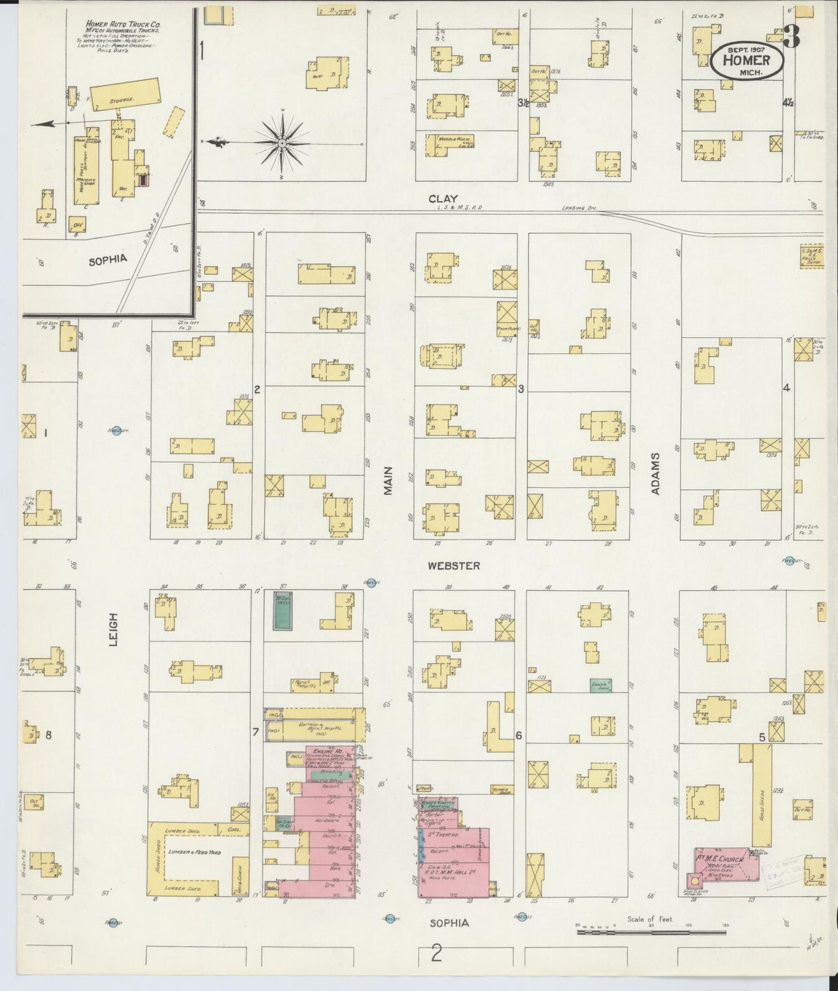 Sanborn Fire Insurance Map from Homer, Calhoun County, Michigan (1907), Sheet #0003 - Historic Sanborn Fire Insurance Map Print, vintage old map wall art, antique decor, genealogy gift, Michigan Michigan map
