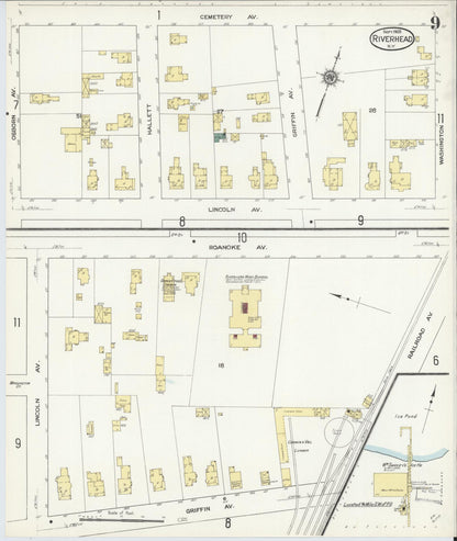 Sanborn Fire Insurance Map from Riverhead, Suffolk County, New York (1909), Sheet #0009 - Historic Sanborn Fire Insurance Map Print, vintage old map wall art, antique decor, genealogy gift, New York New York map