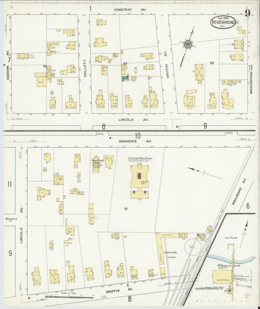 Sanborn Fire Insurance Map from Riverhead, Suffolk County, New York (1909), Sheet #0009 - Historic Sanborn Fire Insurance Map Print, vintage old map wall art, antique decor, genealogy gift, New York New York map