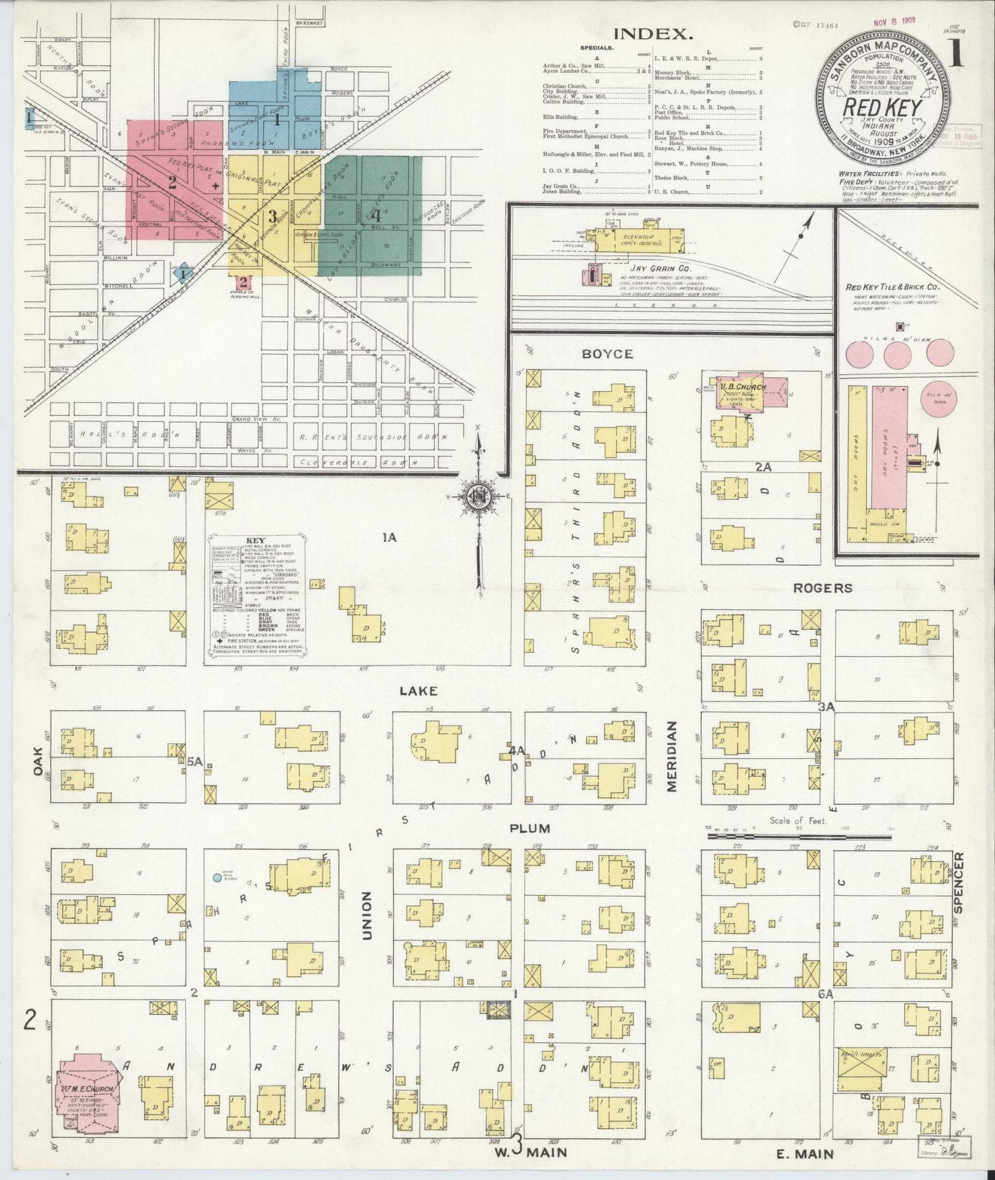 Sanborn Fire Insurance Map from Redkey, Jay County, Indiana (1909), Sheet #0001 - Historic Sanborn Fire Insurance Map Print, vintage old map wall art, antique decor, genealogy gift, Indiana Indiana map