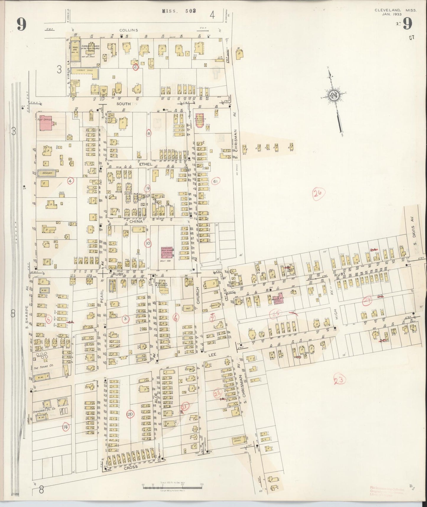 Sanborn Fire Insurance Map from Cleveland, Bolivar County, Mississippi (1941), Sheet #0009 - Complete Map Set gallery image, historic Sanborn map, vintage wall art, Mississippi Mississippi