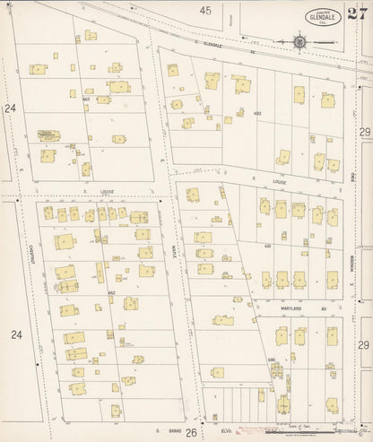 Sanborn Fire Insurance Map from Glendale, Los Angeles County, California (1919), Sheet #0027 - Historic Sanborn Fire Insurance Map Print, vintage old map wall art, antique decor, genealogy gift, California California map