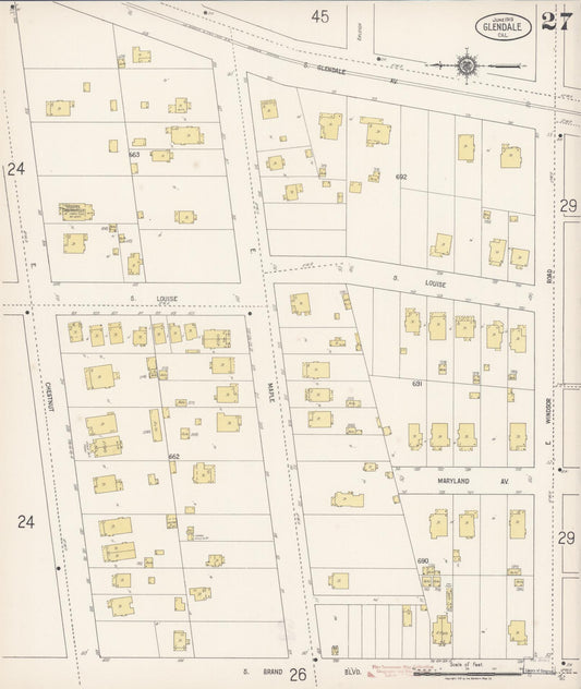Sanborn Fire Insurance Map from Glendale, Los Angeles County, California (1919), Sheet #0027 - Historic Sanborn Fire Insurance Map Print, vintage old map wall art, antique decor, genealogy gift, California California map