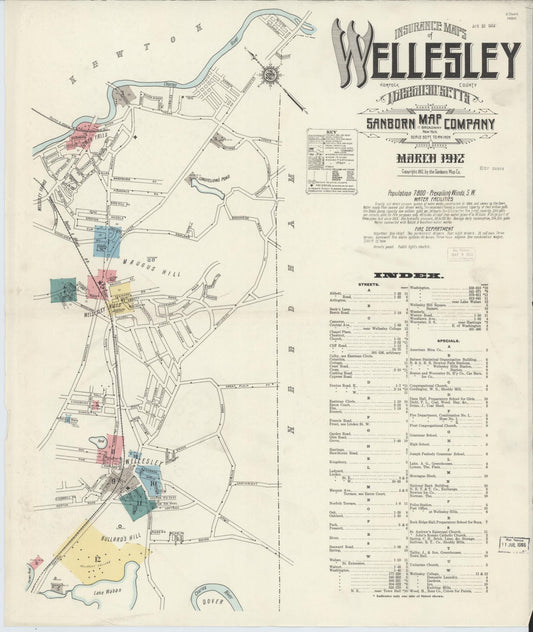 Sanborn Fire Insurance Map from Wellesley, Norfolk County, Massachusetts (1912), Sheet #0001 - Complete Map Set gallery image, historic Sanborn map, vintage wall art, Massachusetts Massachusetts