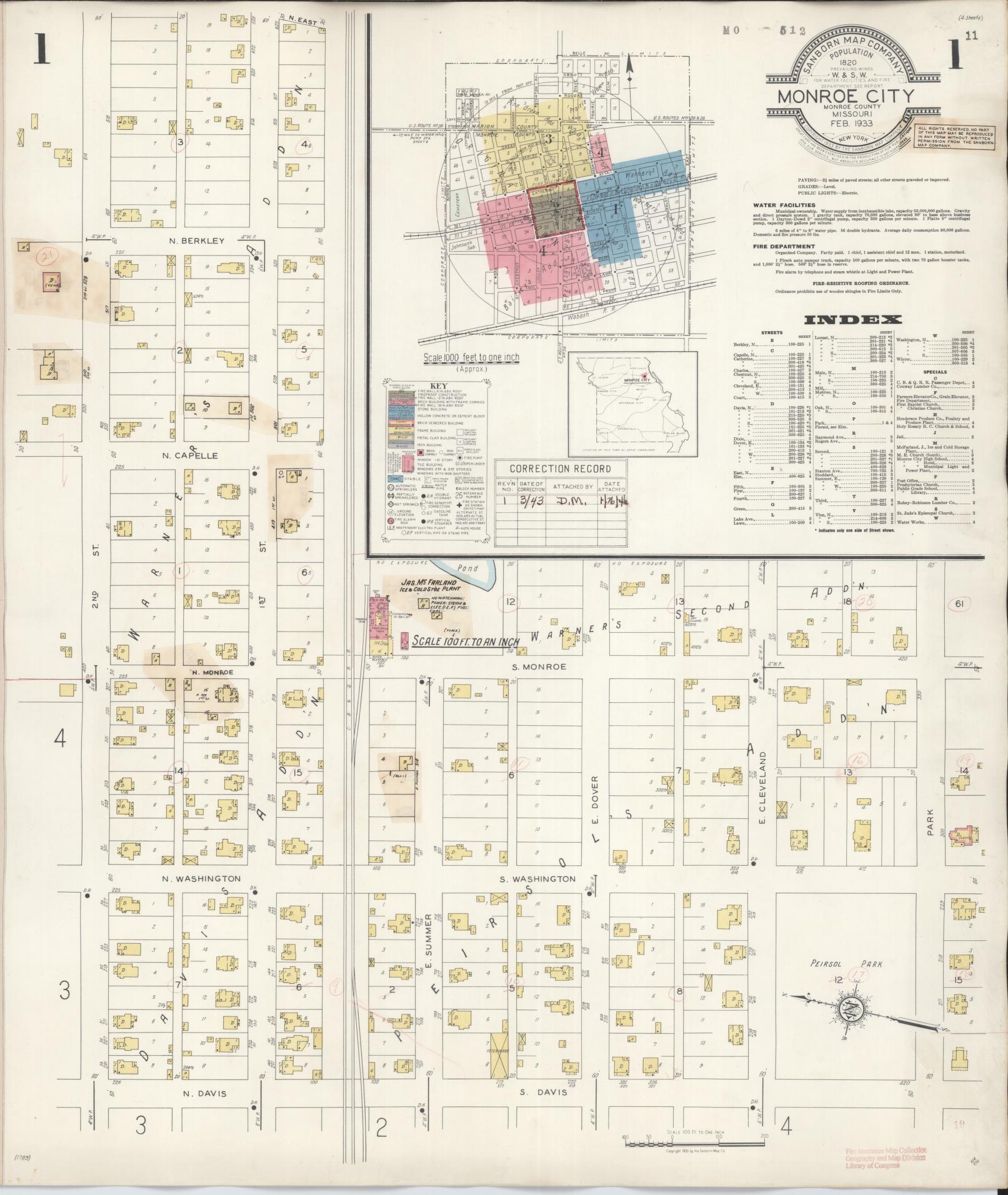 Sanborn Fire Insurance Map from Monroe City, Monroe County, Missouri (1943), Sheet #0001 - Historic Sanborn Fire Insurance Map Print, vintage old map wall art, antique decor, genealogy gift, Missouri Missouri map