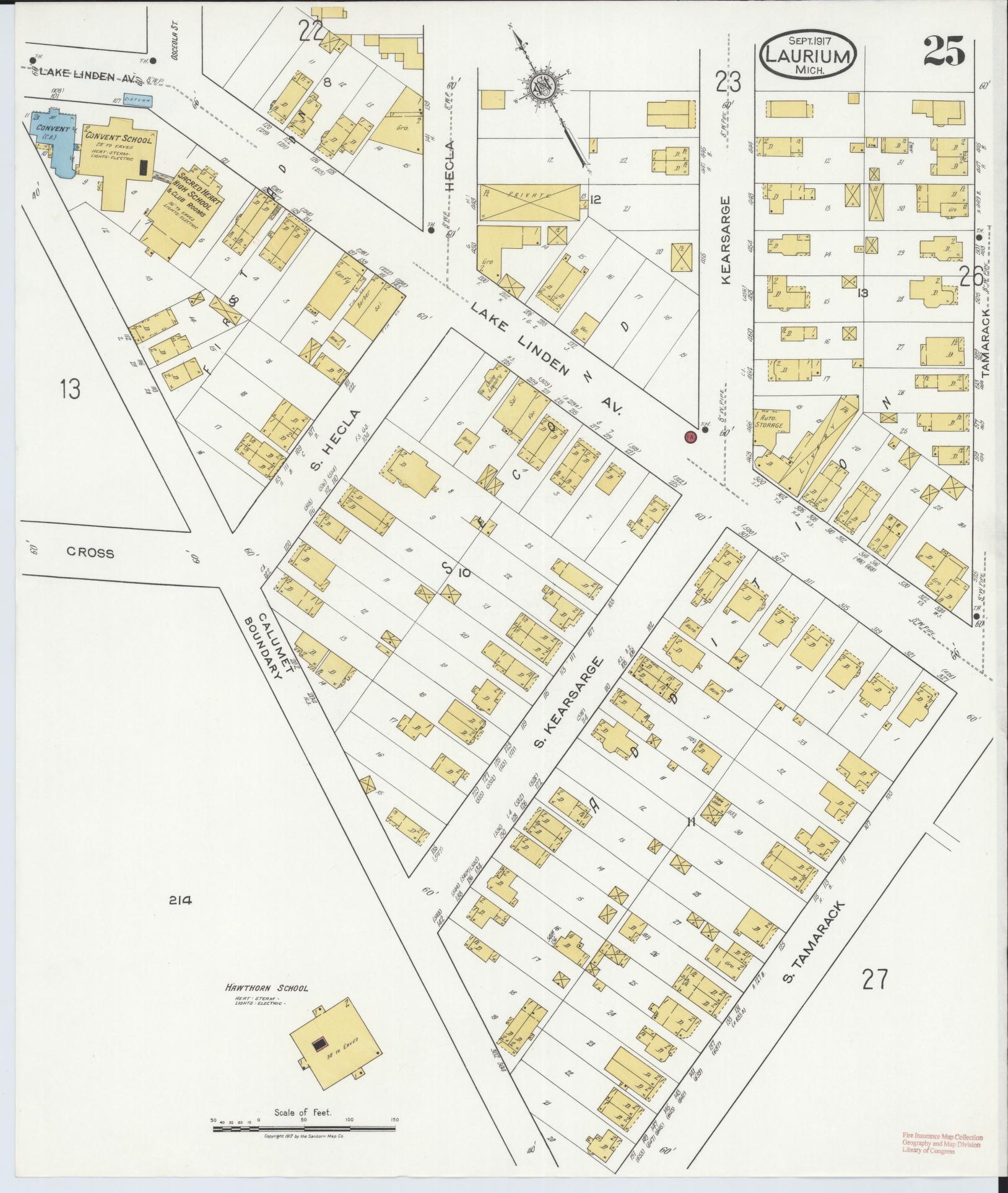 Sanborn Fire Insurance Map from Laurium, Houghton County, Michigan (1917), Sheet #0025 - Complete Map Set gallery image, historic Sanborn map, vintage wall art, Michigan Michigan