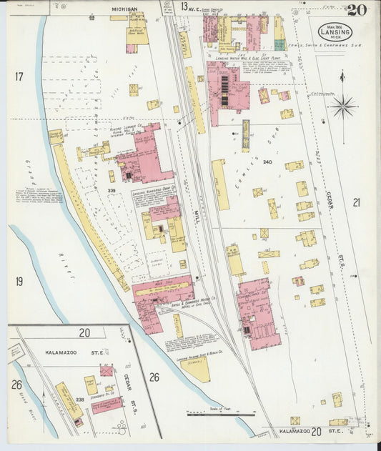 Sanborn Fire Insurance Map from Lansing, Ingham County, Michigan (1906), Sheet #0020 - Historic Sanborn Fire Insurance Map Print, vintage old map wall art, antique decor, genealogy gift, Michigan Michigan map