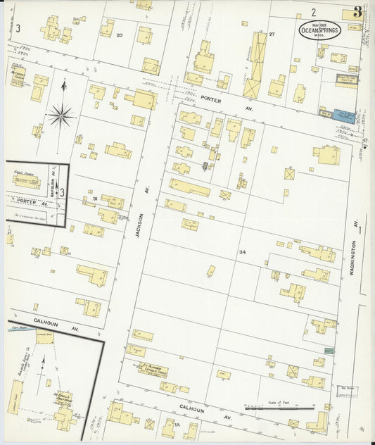 Sanborn Fire Insurance Map from Ocean Springs, Jackson County, Mississippi (1909), Sheet #0003 - Historic Sanborn Fire Insurance Map Print, vintage old map wall art, antique decor, genealogy gift, Mississippi Mississippi map