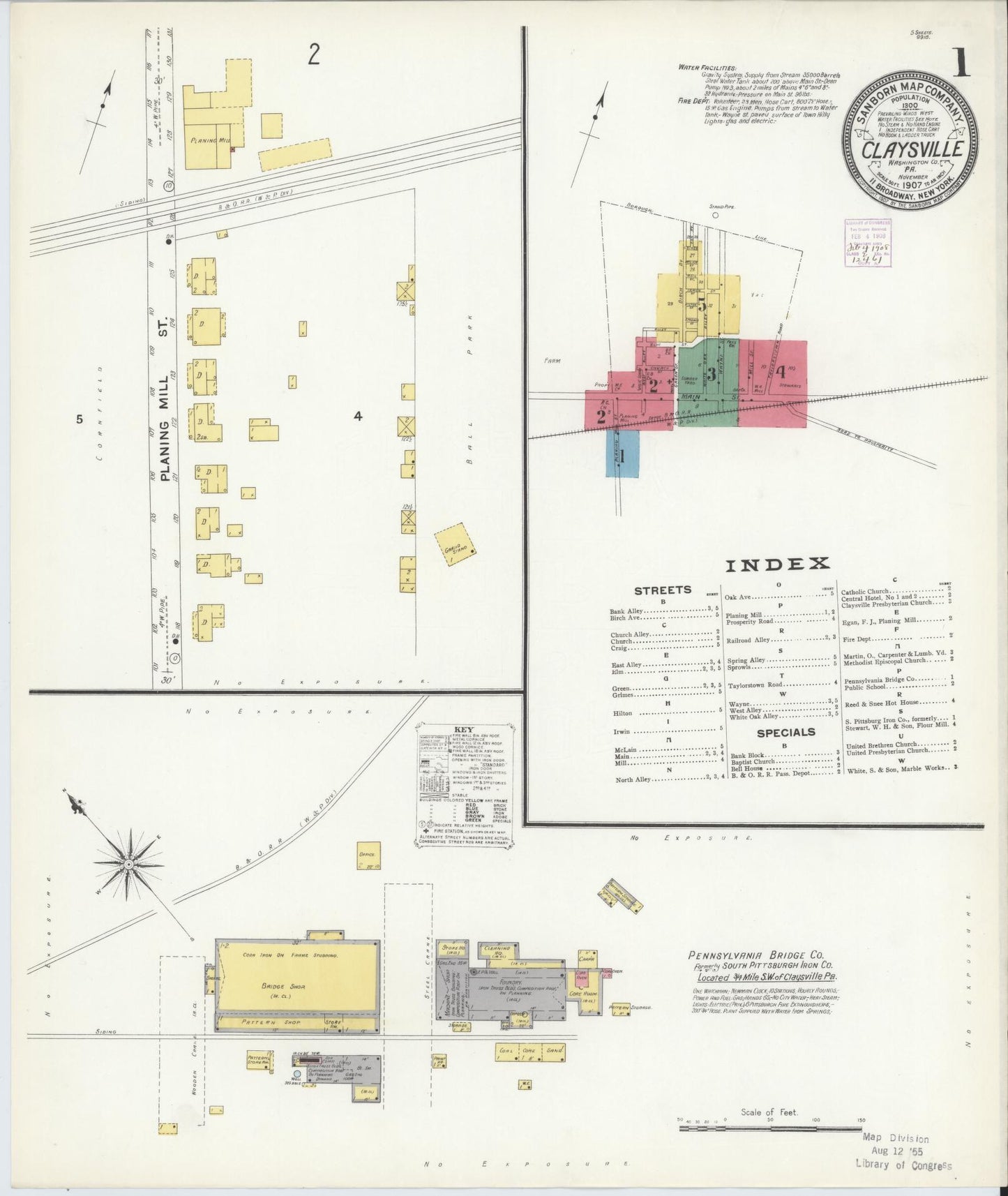 Sanborn Fire Insurance Map from Claysville, Washington County, Pennsylvania (1907), Sheet #0001 - Historic Sanborn Fire Insurance Map Print, vintage old map wall art, antique decor, genealogy gift, Pennsylvania Pennsylvania map