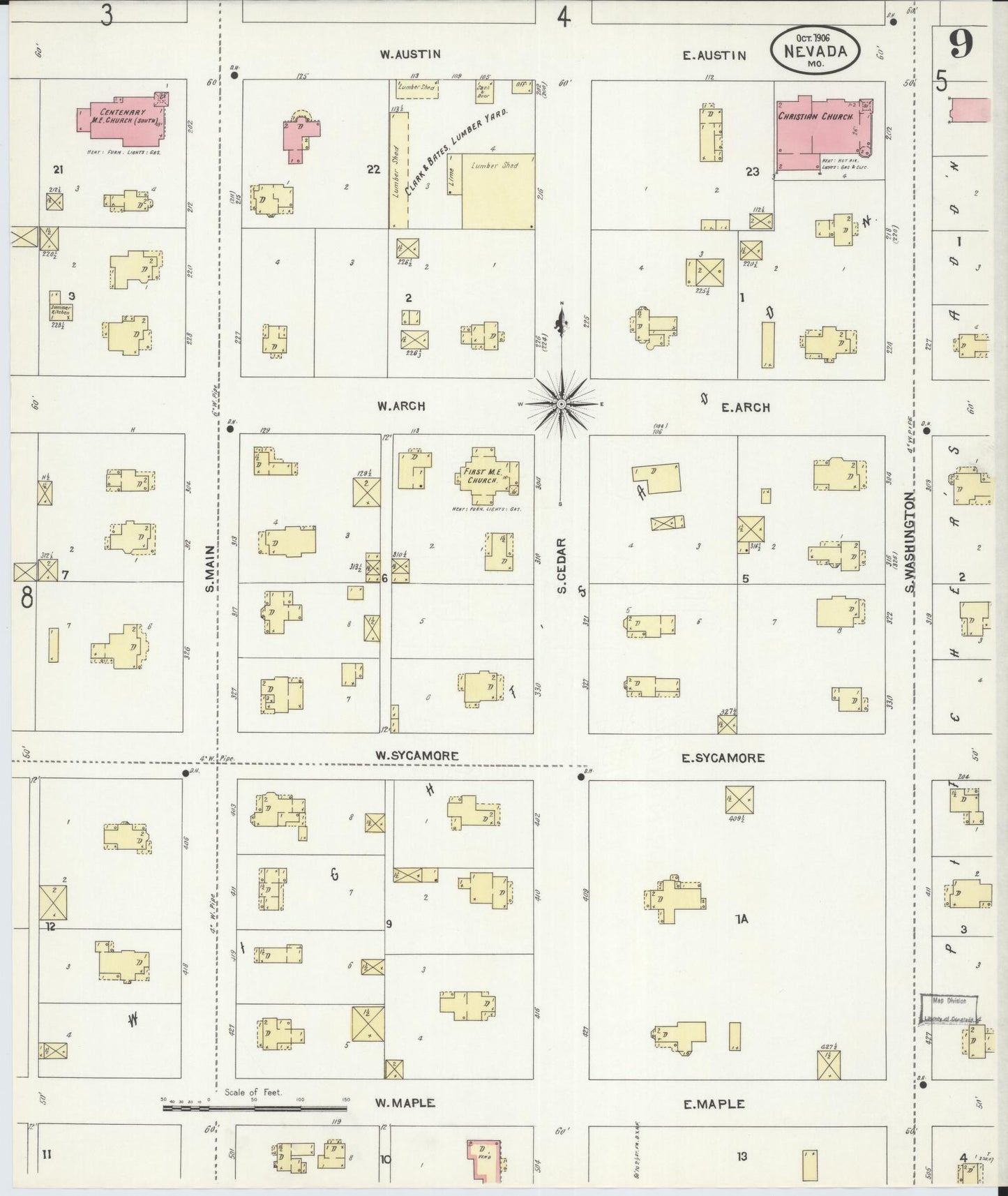 Sanborn Fire Insurance Map from Nevada, Vernon County, Missouri (1906), Sheet #0009 - Historic Sanborn Fire Insurance Map Print, vintage old map wall art, antique decor, genealogy gift, Missouri Missouri map