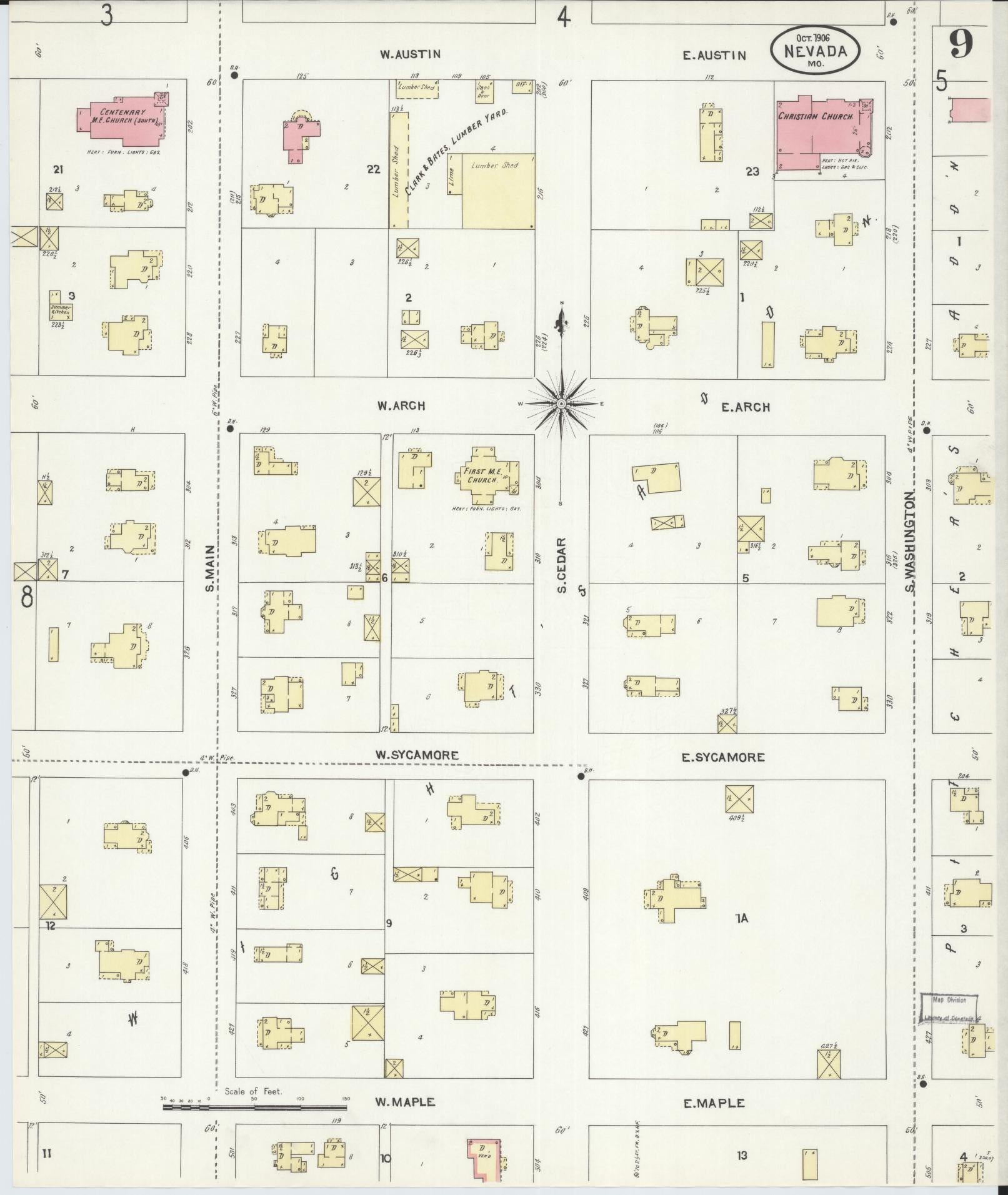 Sanborn Fire Insurance Map from Nevada, Vernon County, Missouri (1906), Sheet #0009 - Historic Sanborn Fire Insurance Map Print, vintage old map wall art, antique decor, genealogy gift, Missouri Missouri map