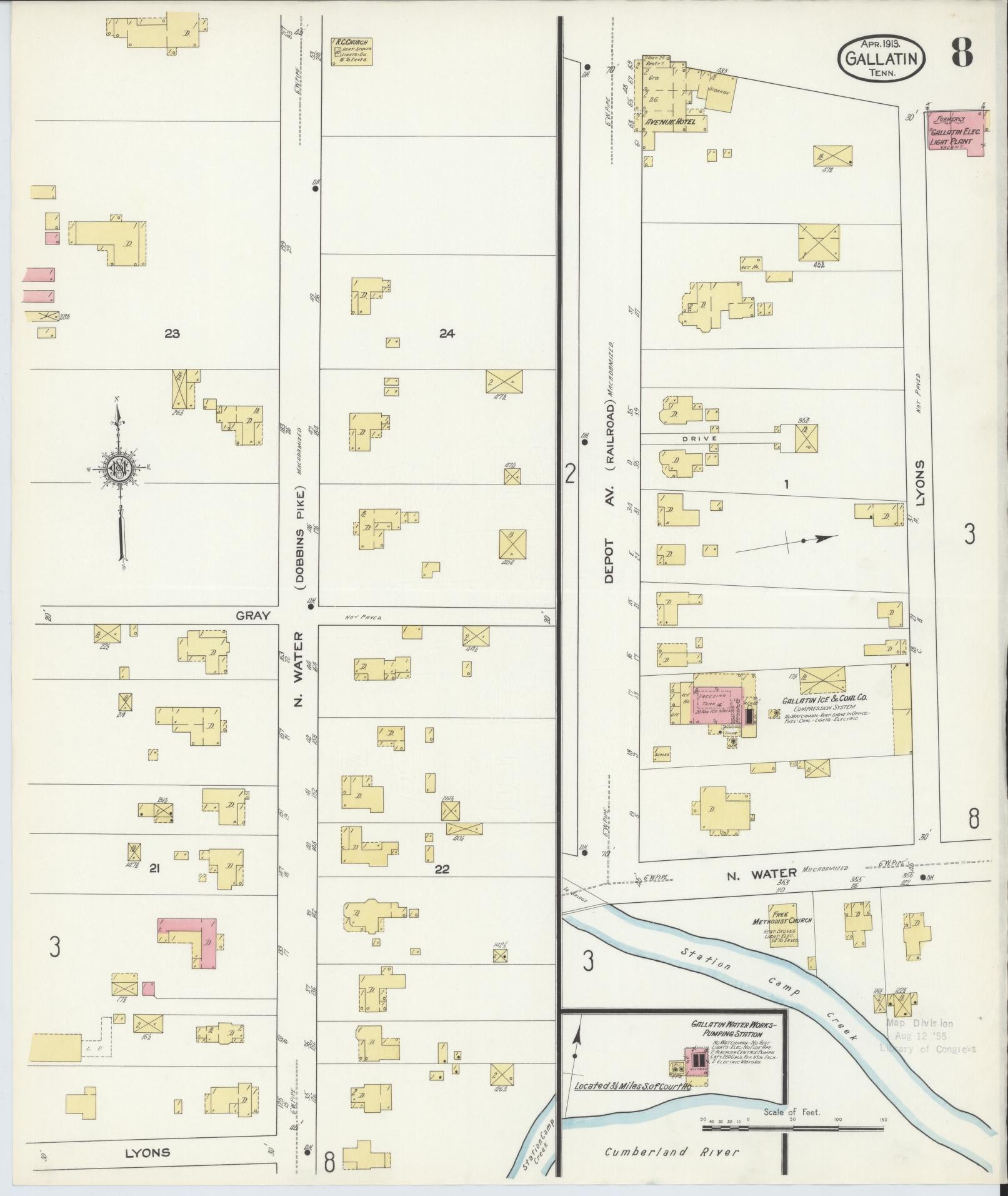 Sanborn Fire Insurance Map from Gallatin, Sumner County, Tennessee (1913), Sheet #0008 - Complete Map Set gallery image, historic Sanborn map, vintage wall art, Tennessee Tennessee