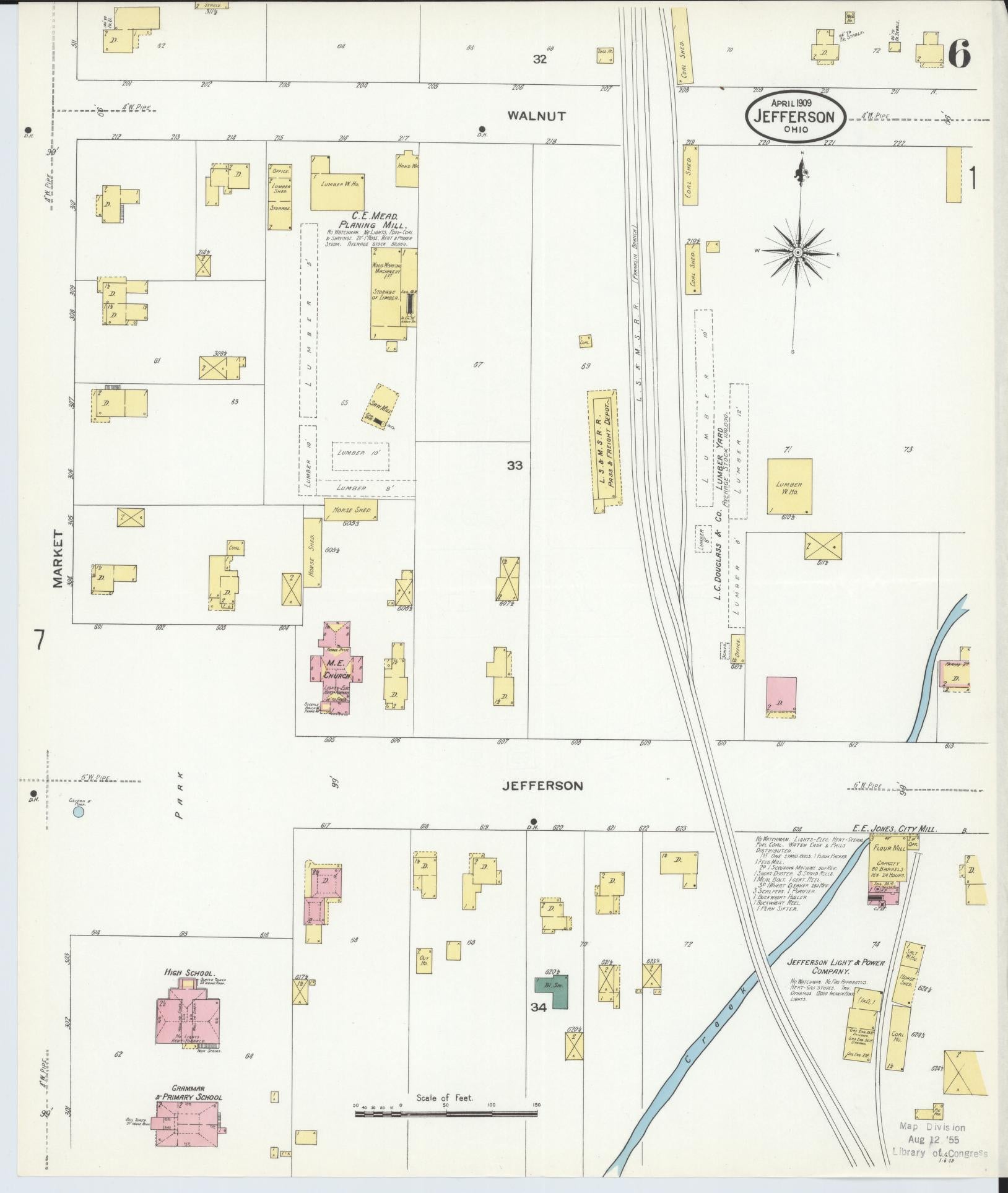 Sanborn Fire Insurance Map from Jefferson, Ashtabula County, Ohio (1909), Sheet #0006 - Historic Sanborn Fire Insurance Map Print, vintage old map wall art, antique decor, genealogy gift, Ohio Ohio map