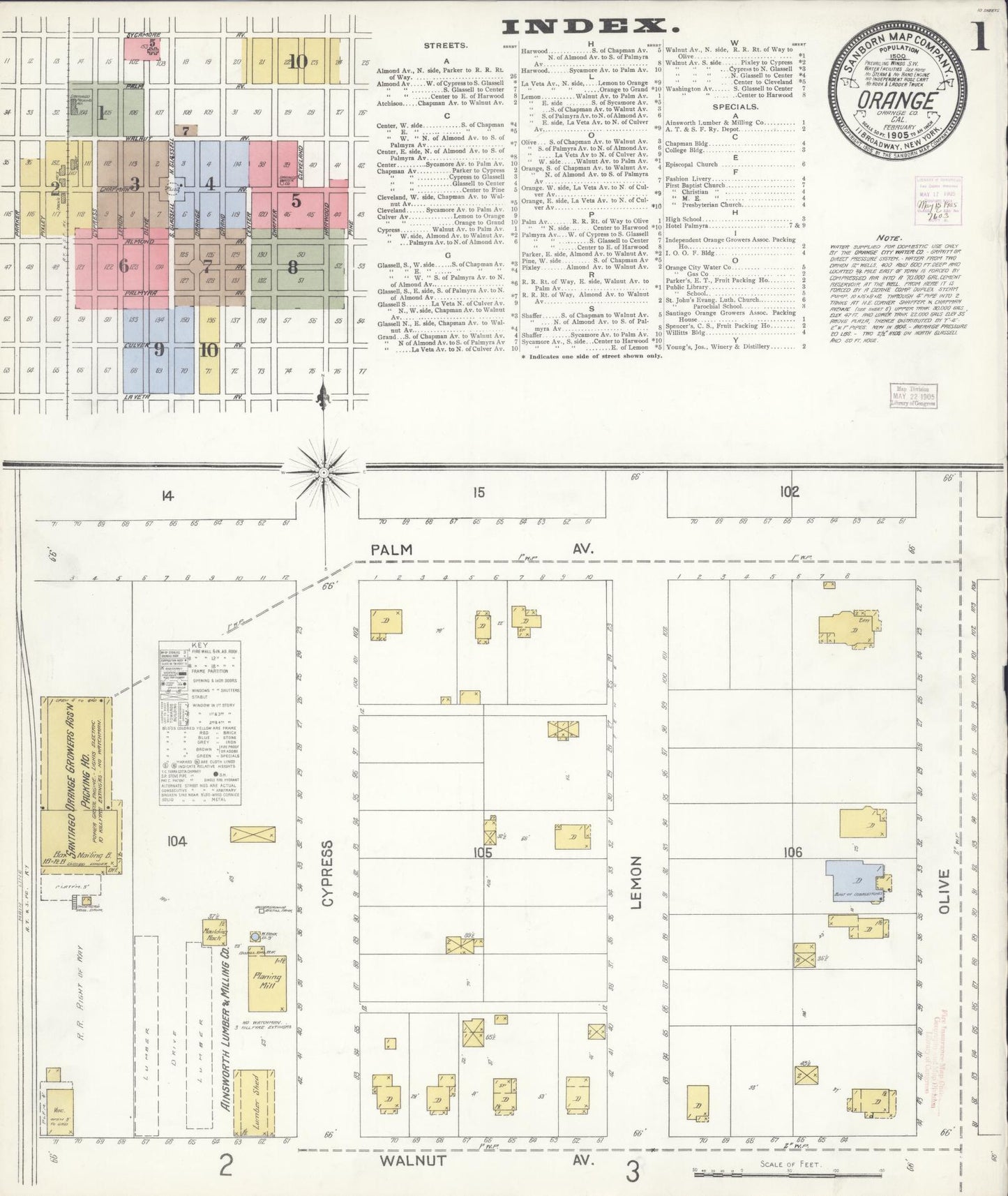 Sanborn Fire Insurance Map from Orange, Orange County, California (1905), Sheet #0001 - Complete Map Set gallery image, historic Sanborn map, vintage wall art, California California