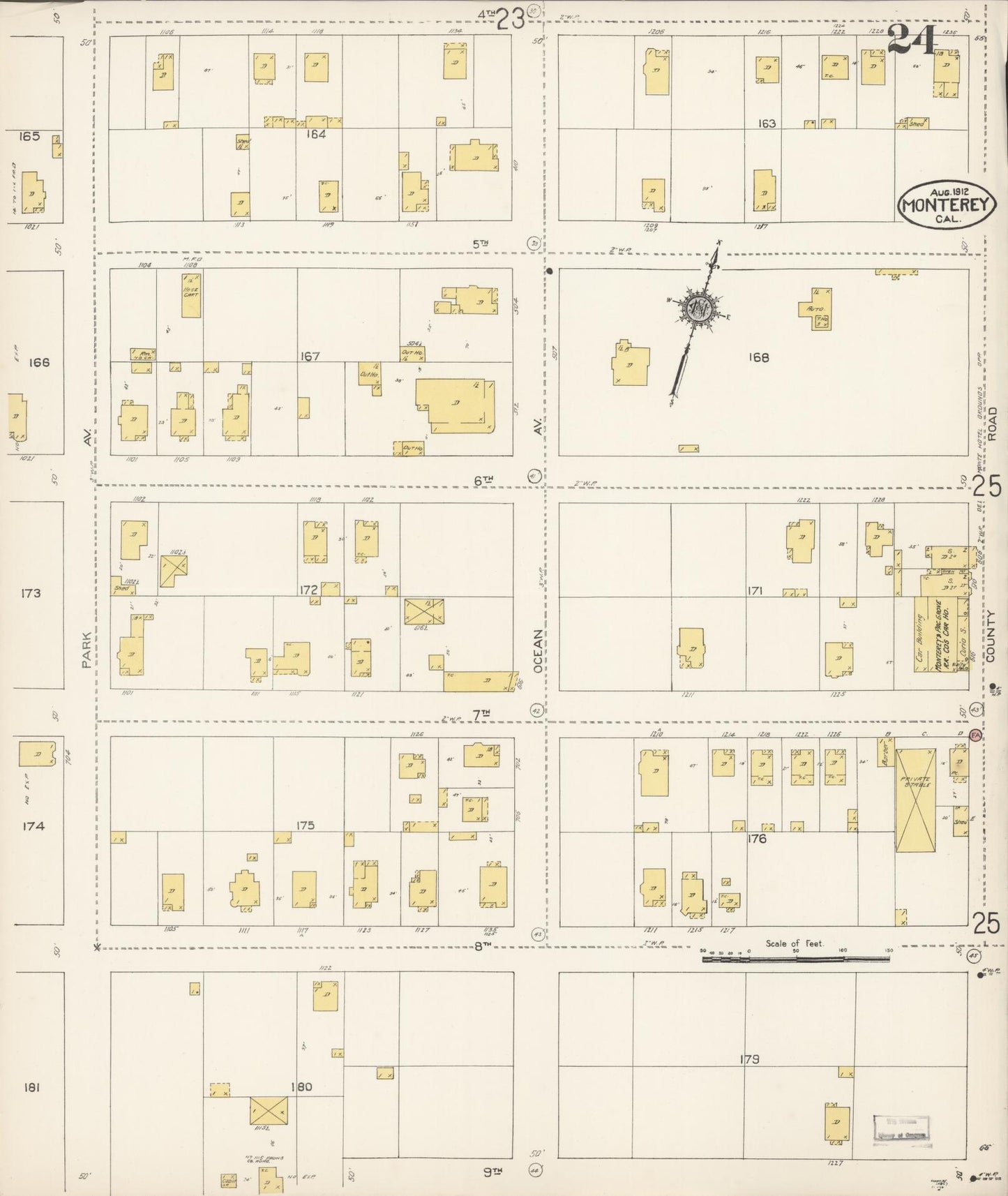 Sanborn Fire Insurance Map from Monterey, Monterey County, California (1912), Sheet #0024 - Historic Sanborn Fire Insurance Map Print, vintage old map wall art, antique decor, genealogy gift, California California map