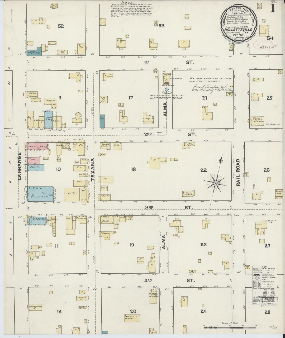 Sanborn Fire Insurance Map from Hallettsville, Lavaca County, Texas (1891), Sheet #0001 - Complete Map Set gallery image, historic Sanborn map, vintage wall art, Texas Texas