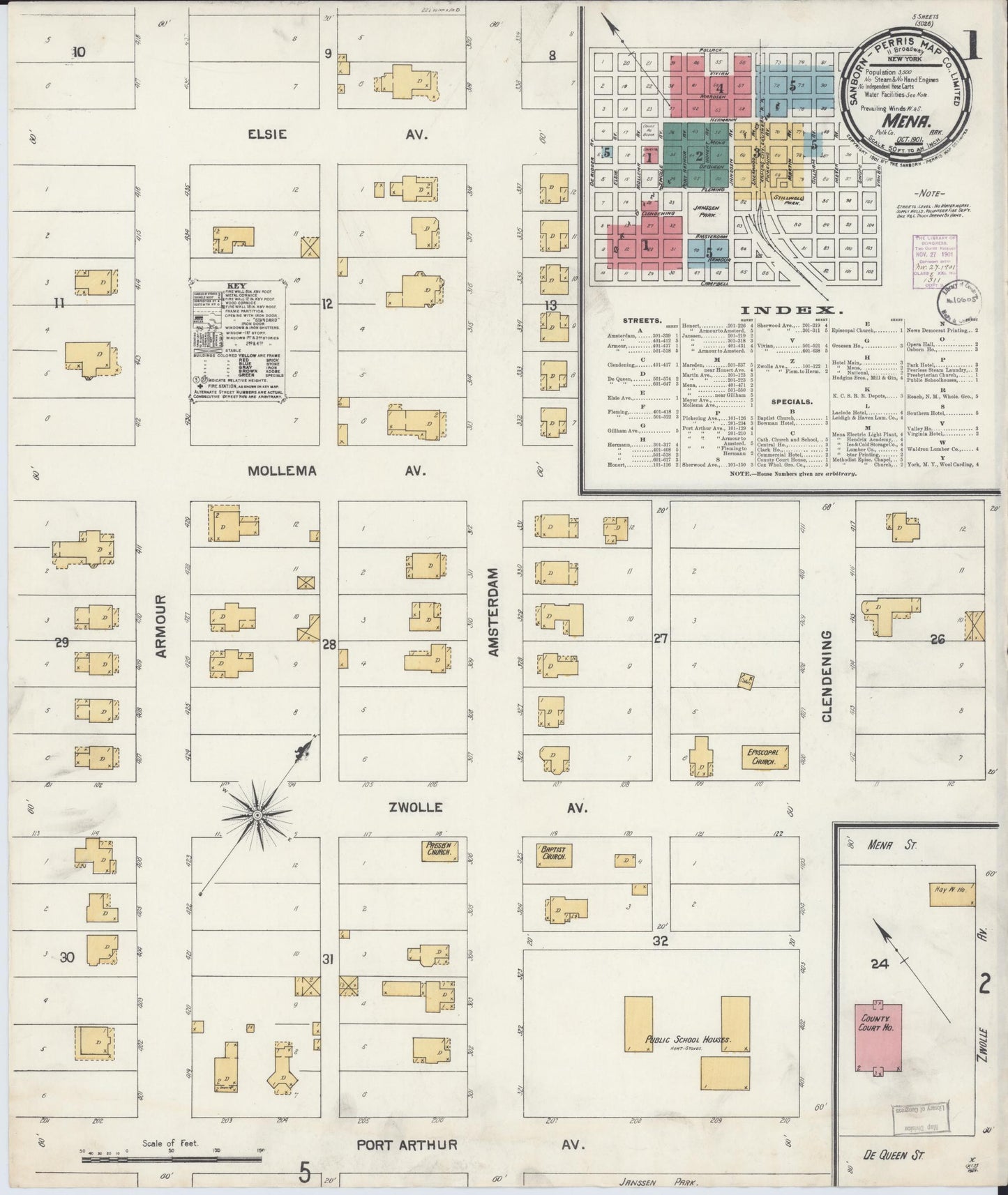 Sanborn Fire Insurance Map from Mena, Polk County, Arkansas (1901), Sheet #0001 - Historic Sanborn Fire Insurance Map Print, vintage old map wall art, antique decor, genealogy gift, Arkansas Arkansas map