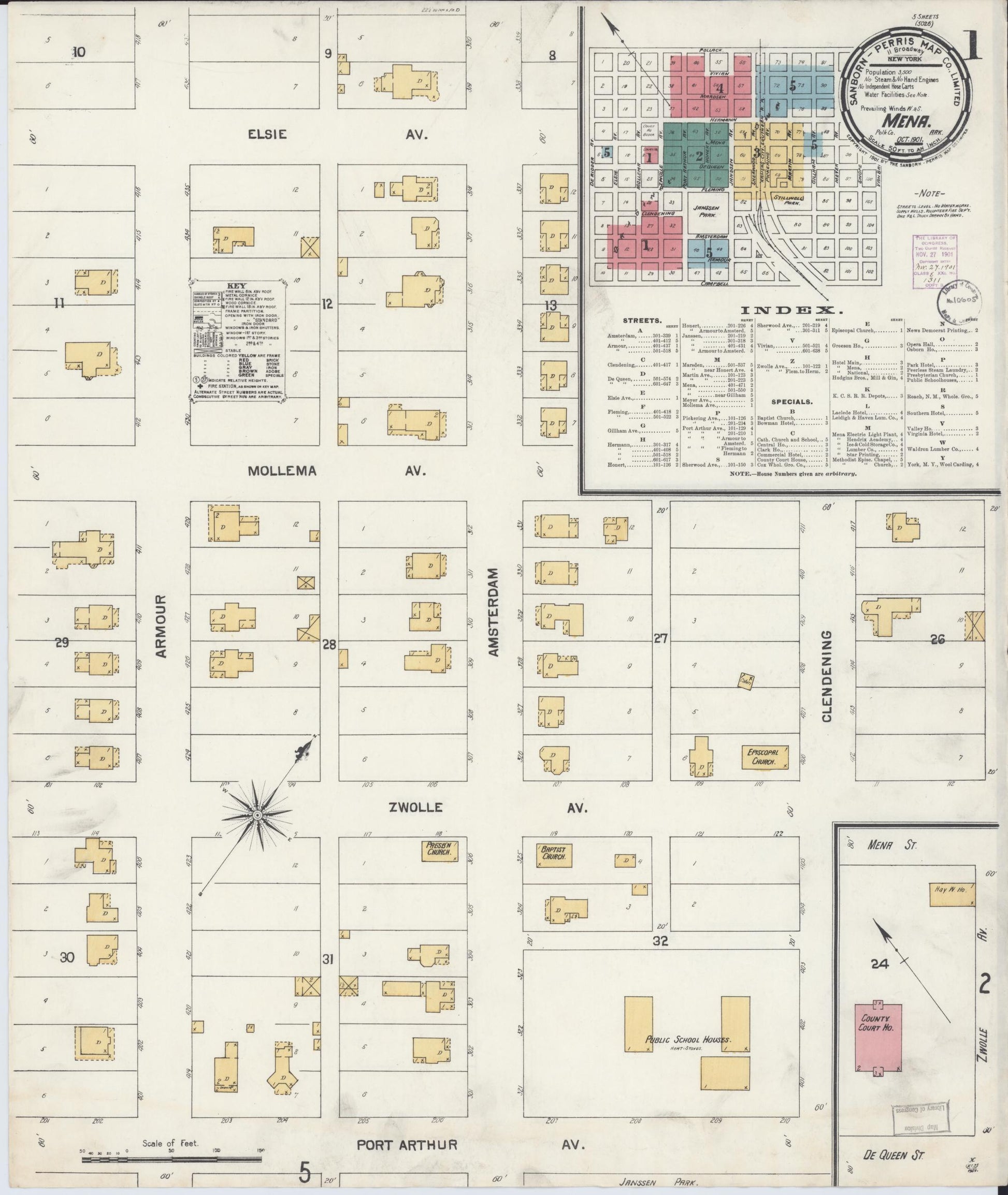 Sanborn Fire Insurance Map from Mena, Polk County, Arkansas (1901), Sheet #0001 - Historic Sanborn Fire Insurance Map Print, vintage old map wall art, antique decor, genealogy gift, Arkansas Arkansas map